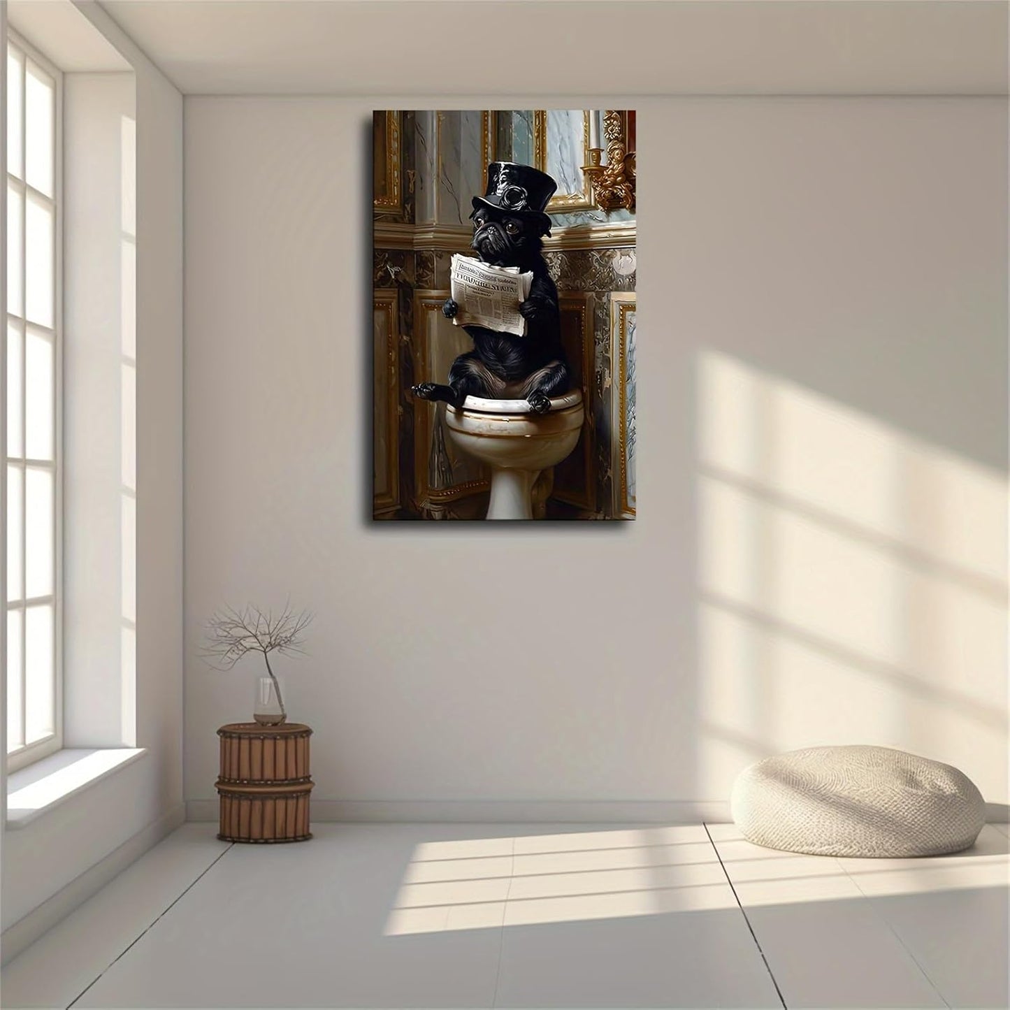 Pug Dog Victorian Gentleman Reading Newspaper on Toilet Whimsical Fine Art Print Poster Giclee Vintage Painting Wall Art (08x12inch Framed)