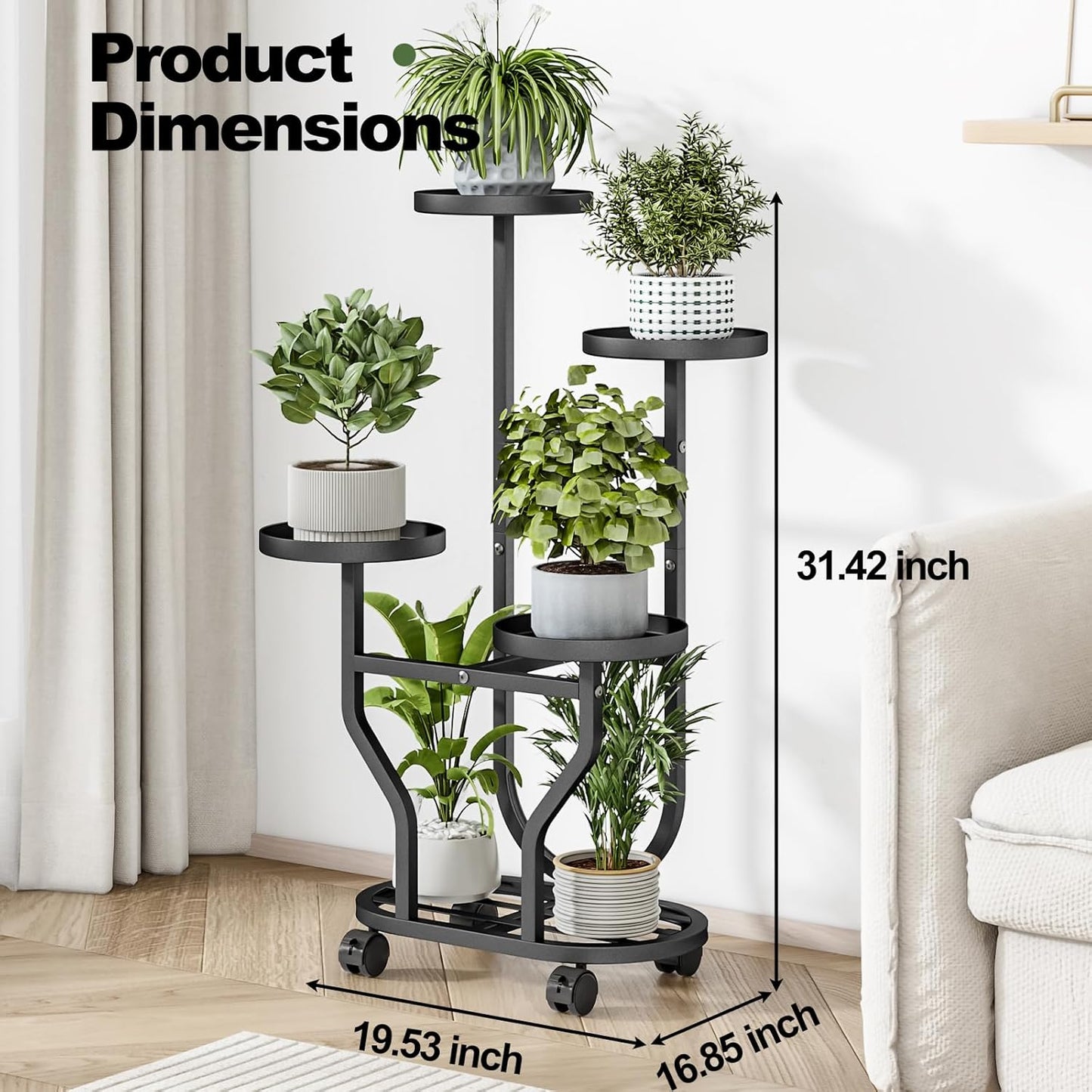 Plant Stand Indoor Outdoor 4 Tier Flower Holder with Wheels Metal Plant Shelf Corner Display Rack Multi Plants Sheleves for Living Room Garden Patio Black