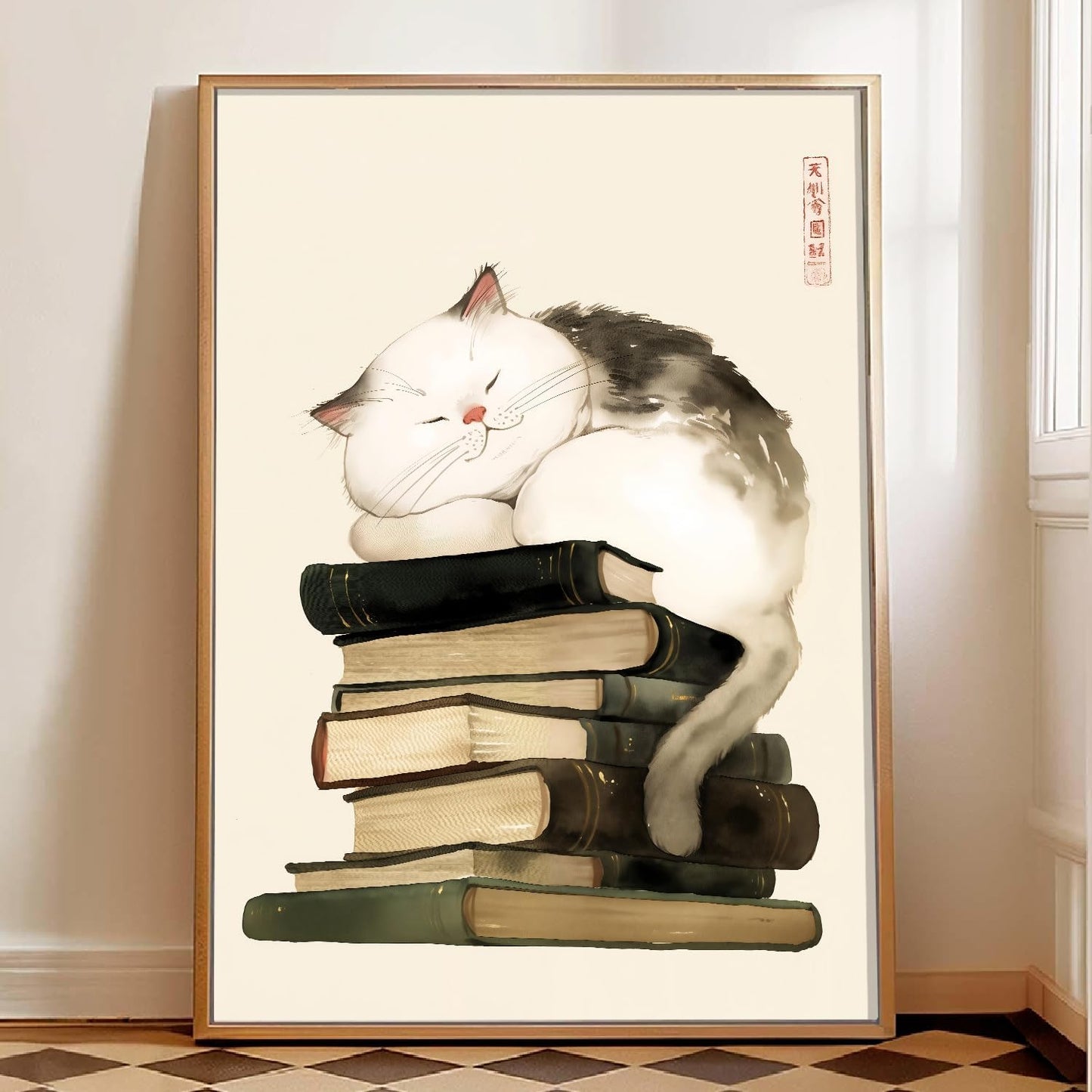 Japanese Vintage Cat Poster Animals Reading Books Poster Japan Painting Cute Cat Print Japanese Animal Wall Art Vintage Book Pictures Japan Aesthetic Posters Watercolor Animal Artwork 16x24in Unframed