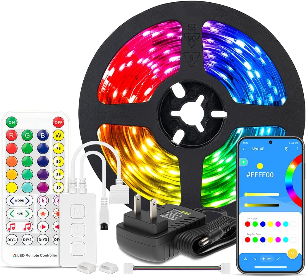BTF-LIGHTING RGBW Bluetooth Music APP 16.4FT LED Strip Lights RGB+Cool White 6000K 4 Colors in 1 LED Color Changing Lights Strip for Bedroom, Desk, Home Decoration, with Remote and 12V Power Supply