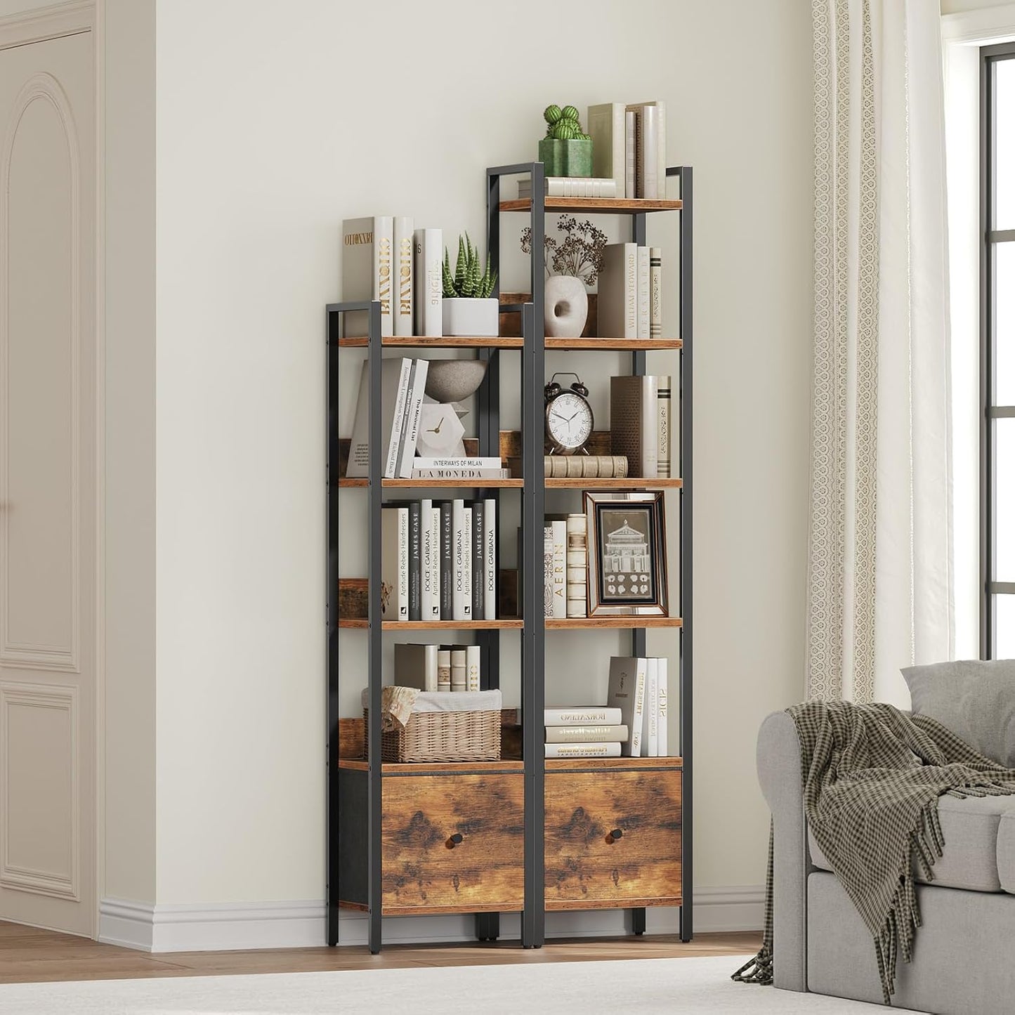 Bookshelf, 5-Tier Bookcase with Drawer, Small Book Shelf for Small Space, Storage Shelf Organizer, for Living Room, Bedroom, Study, Kitchen, Rustic Brown and Black BKHR55101