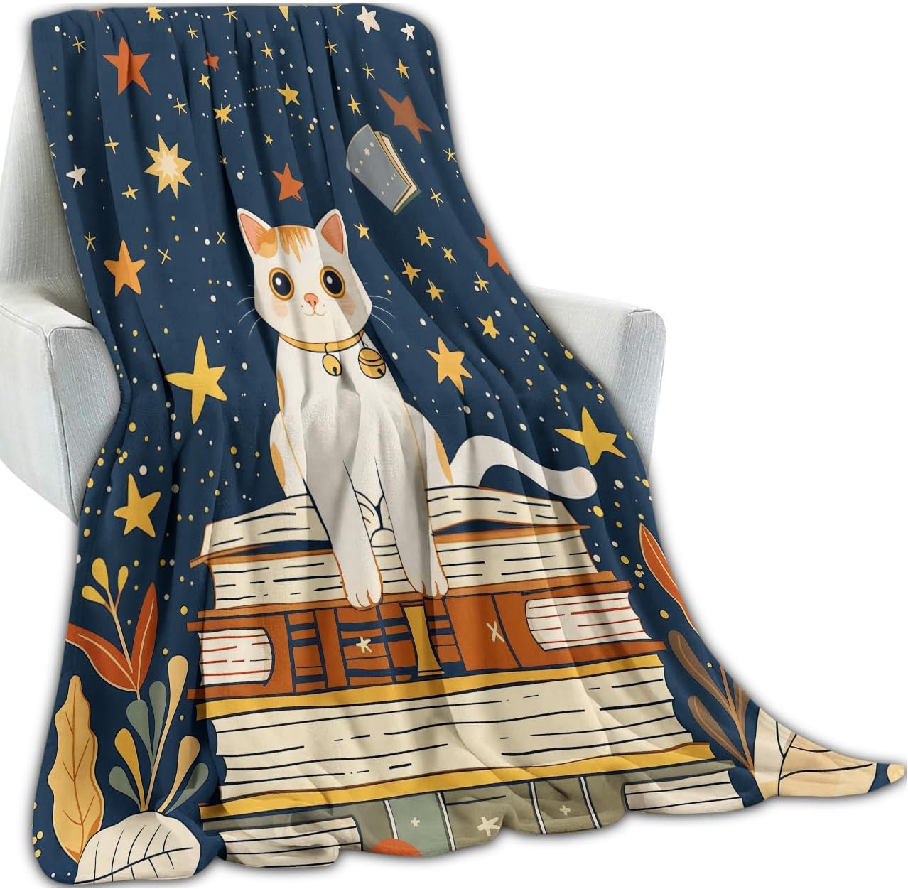Cartoon Cat Books Throw Blanket, Starry Night Clever White Kitten Blankets for Bedroom Living Room Couch Decor, Fuzzy Cozy Soft Lightweight Throws, Gifts for Book Lovers Kids Boys, 50x60 in