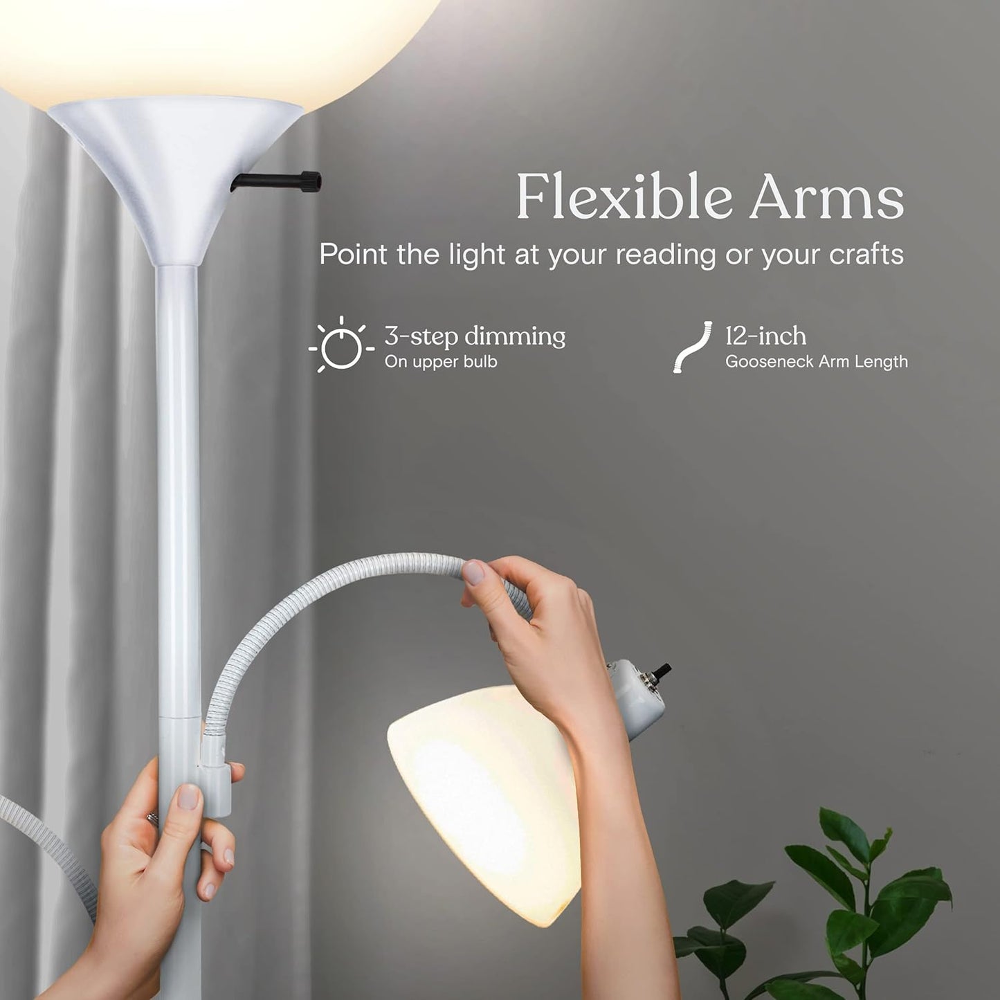 Brightech Sky Dome Double – High Brightness Torchiere Floor Lamp with 2 Reading Lights for Living Rooms, Bedrooms – Replace Halogen Standing Lamps with Efficient LED Office Lighting - Tall White Pole