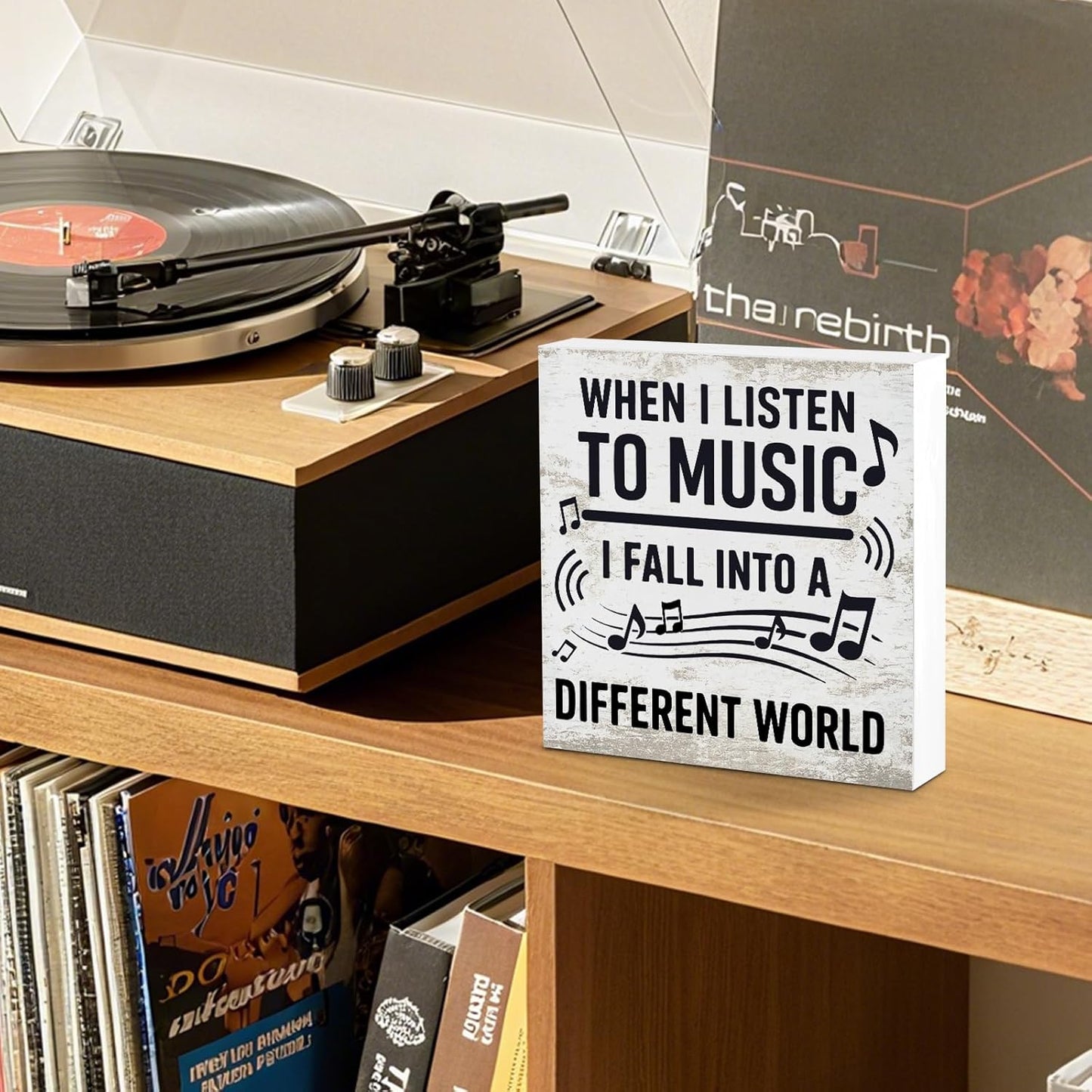 Music Desk Sign for Home Office Classroom, Musical Decor Room Decorations Accessories for Women Men Teacher, Table Shelf Musician Gift, Fall Into A Different World
