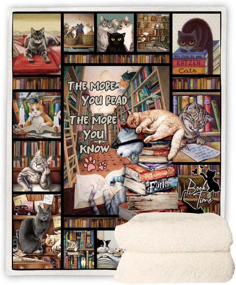 Book Lovers Throw Blanket, Cat Lovers Blanket, Soft Cat & Books Blanket for Sofa, Couch, Beds Decoration, Christmas 50x60