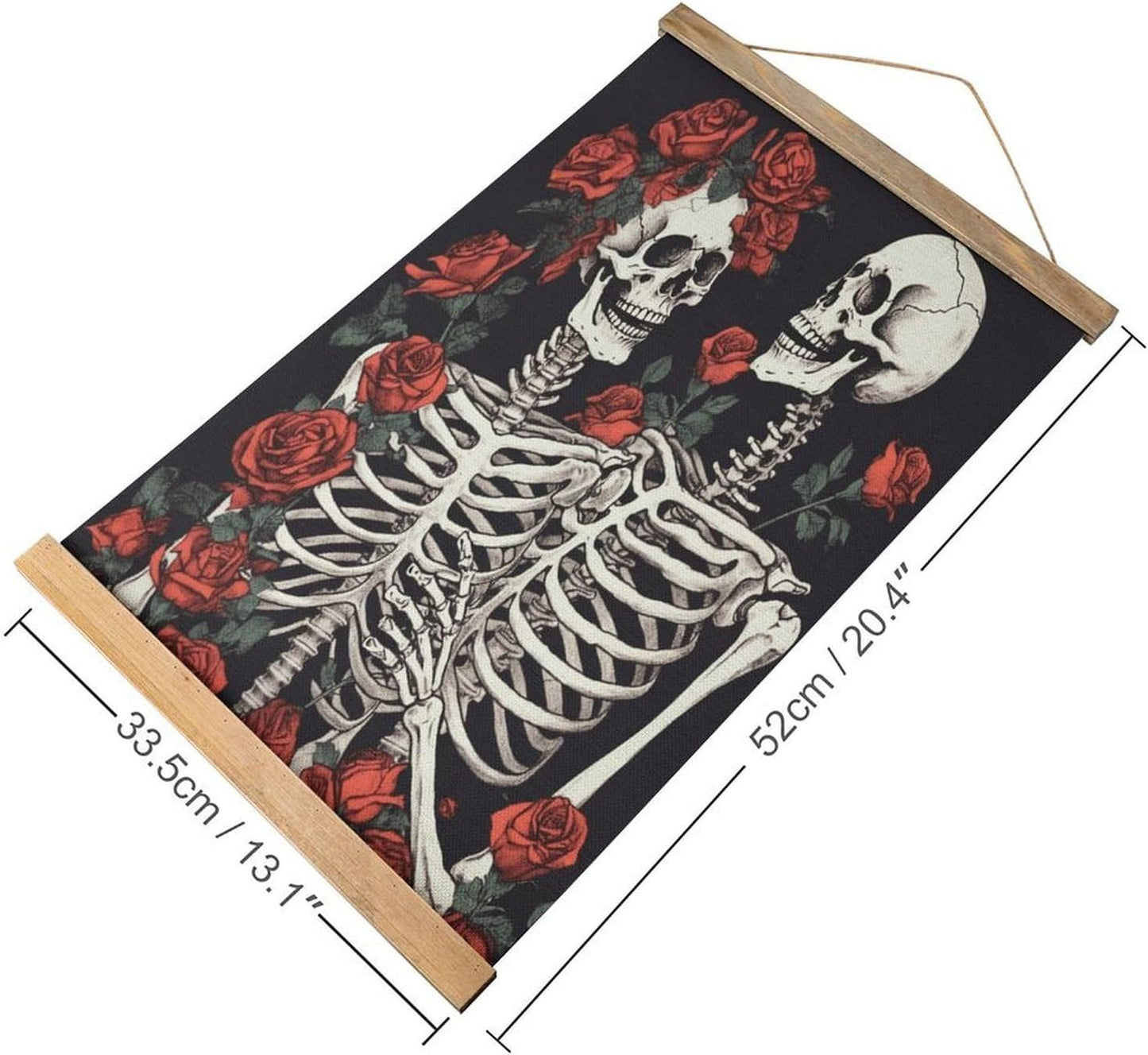 Vintage Rose And Skeleton Poster with Wooden Frame Personalized Linen Hanging Scroll Painting Rustic Wall Hanging Illustrative Modern Artwork Decor for Home Living Room Bedroom Office