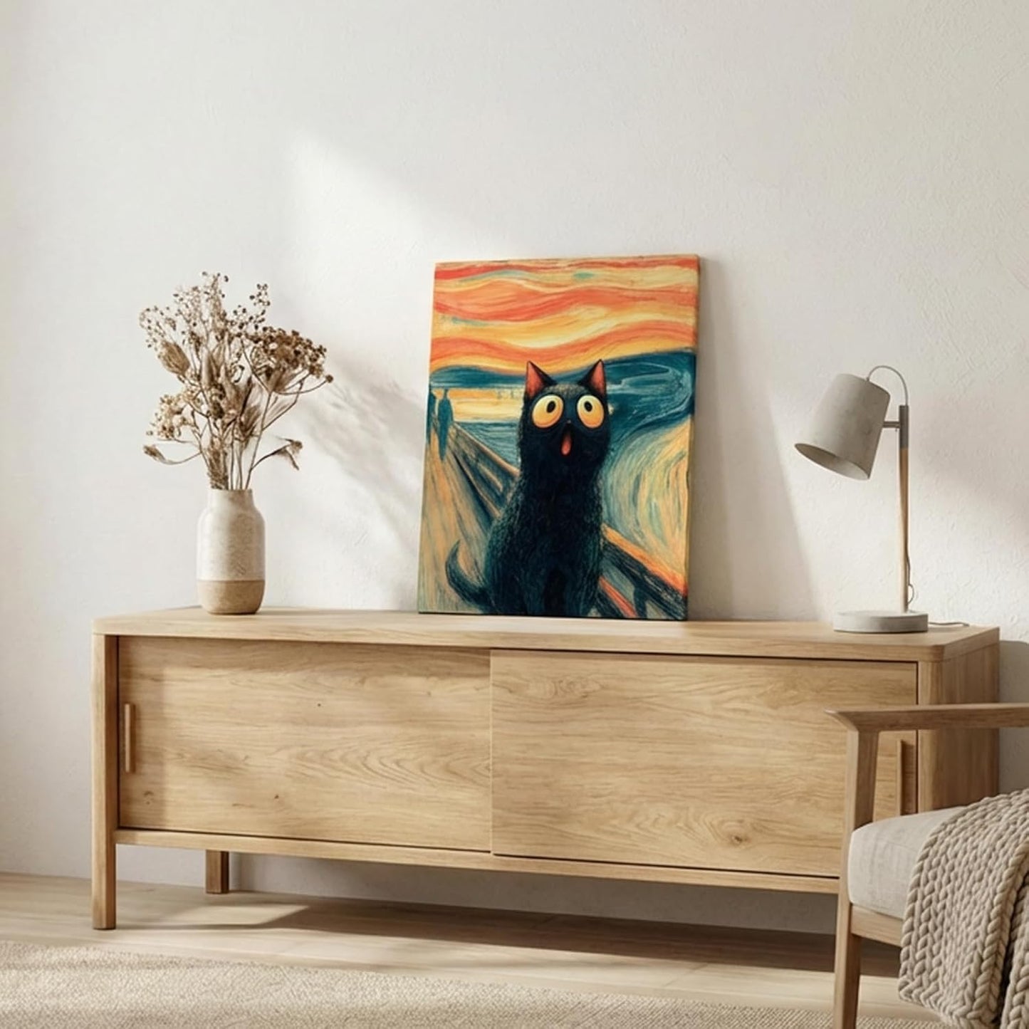 Solanica Humorous Cat Decor - The Scream Edvard Munch Parody Art, High Definition Black Cat Canvas Picture, Premium Matte Finish for Bathroom Toilet Wall, 12x16 Inch