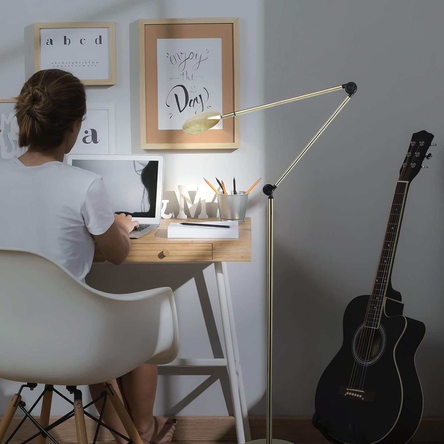 Brightech Sage 2-in-1 LED Craft Table and Floor Lamp – Adjustable Floor Reading Lamp Over Chair, for Living Room and Office – Dimmable Task Light with 3 Color Modes – 360 Degree Rotatable Head - Gold