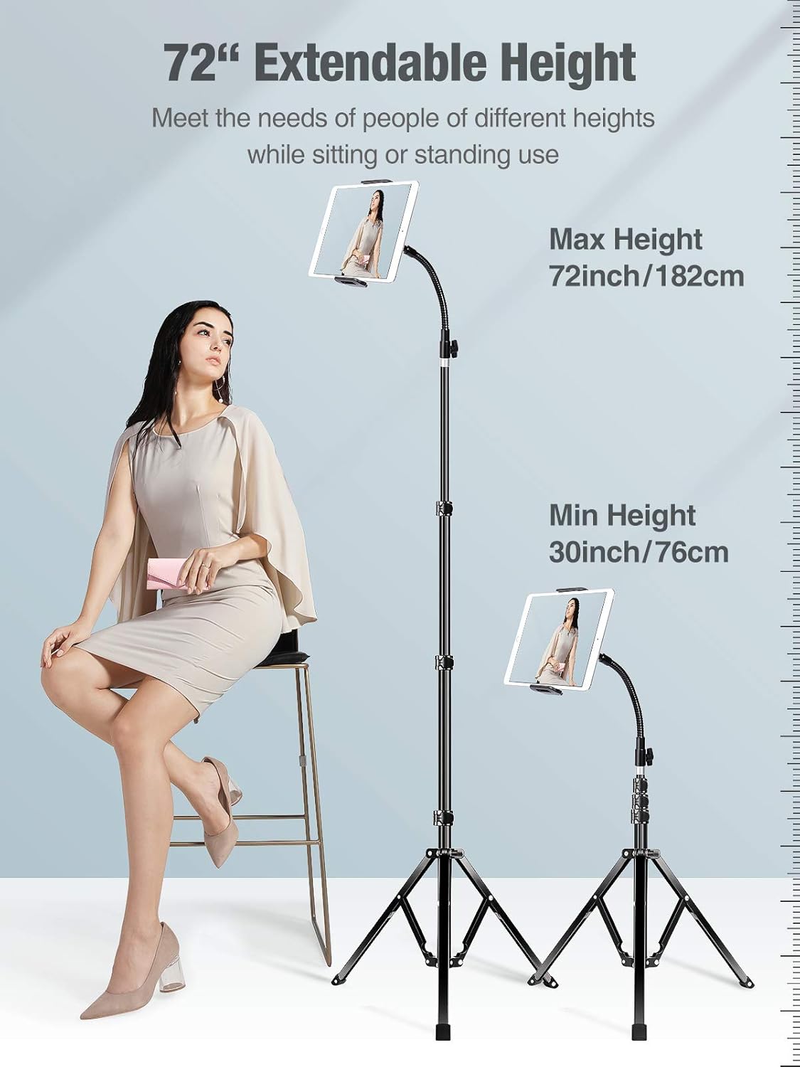 elitehood Metal iPad Tripod Stand & Adjustable 72’’ Gooseneck Tablet Floor Stand Holder, Heavy Duty Aluminum iPad Floor Stand for Pro 12.9 11, Mini, Air, iPhone and 4.7-12.9" Tablets Cell Phones