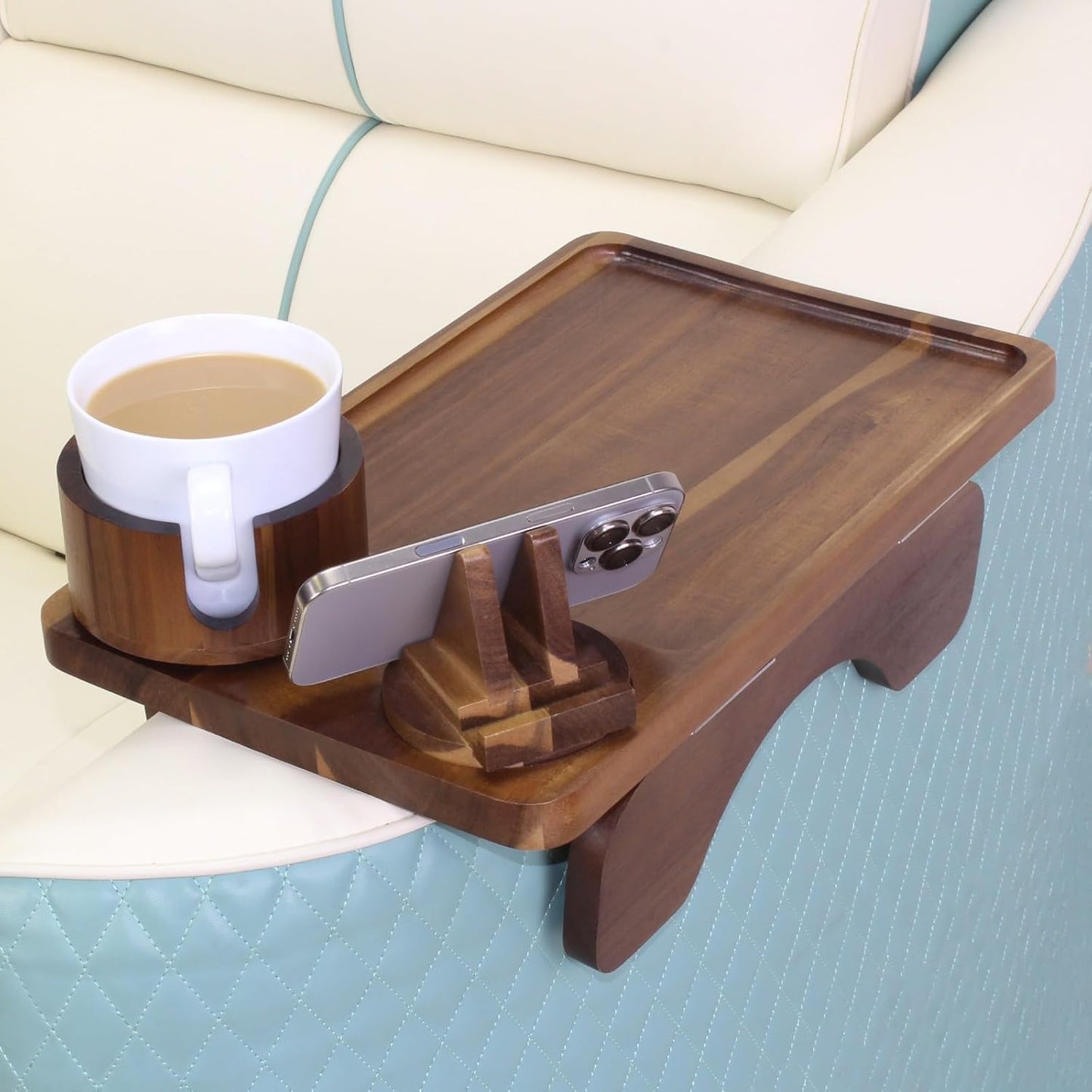 Couch Armrest Table with Oversized Cup Holder & Dual-Tower Phone Stand 3-in-1 Sofa Arm Tray, Acacia Wood Couch Arm Table with 360° Rotating Holders, Foldable Couch Cup Holder Tray for Drinks & Snacks