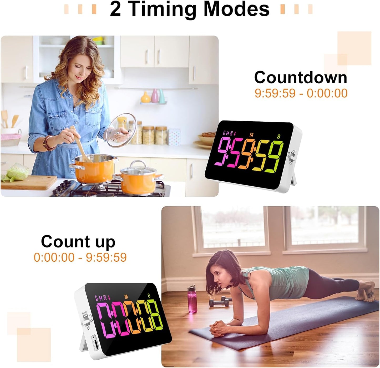 Kitchen Digital Timer, Count Down Up, Rechargeable, Vibration Mode Adjustable Volume and Brightness LED Display, Time Management Cook, Desk, Kids Adults Study Teaching, Kitchen Gadgets RGB