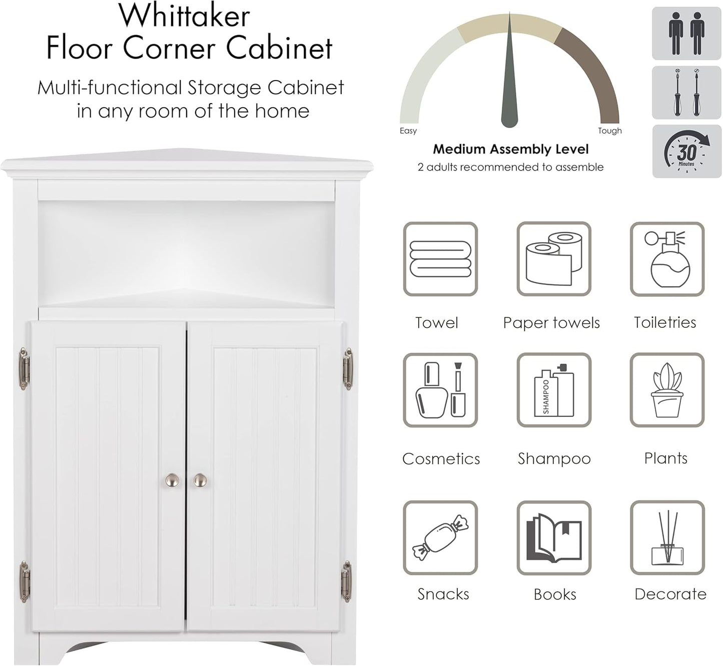 UTEX Bathroom Corner Storage Cabinet, Small Floor Corner Cabinet with Doors and Adjustable Shelves, Freestanding Narrow Storage Organizer for Bathroom, Kitchen, Living Room, White | Floor Corner Cabinet, Doors, Adjustable Shelves, Freestanding, Narrow Cab