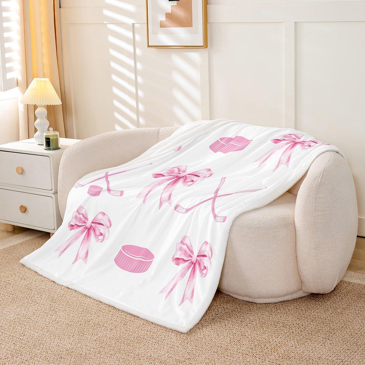 Castle Fairy Pink Ice Hockey Flannel Blanket,Kawaii Sport Girls Throw Blanket,Dreamy Prncess Bowknot Fleece Blankets,Sport Bow Themed Fuzzy Blanket for Bed Sofa Couch,50"x60"