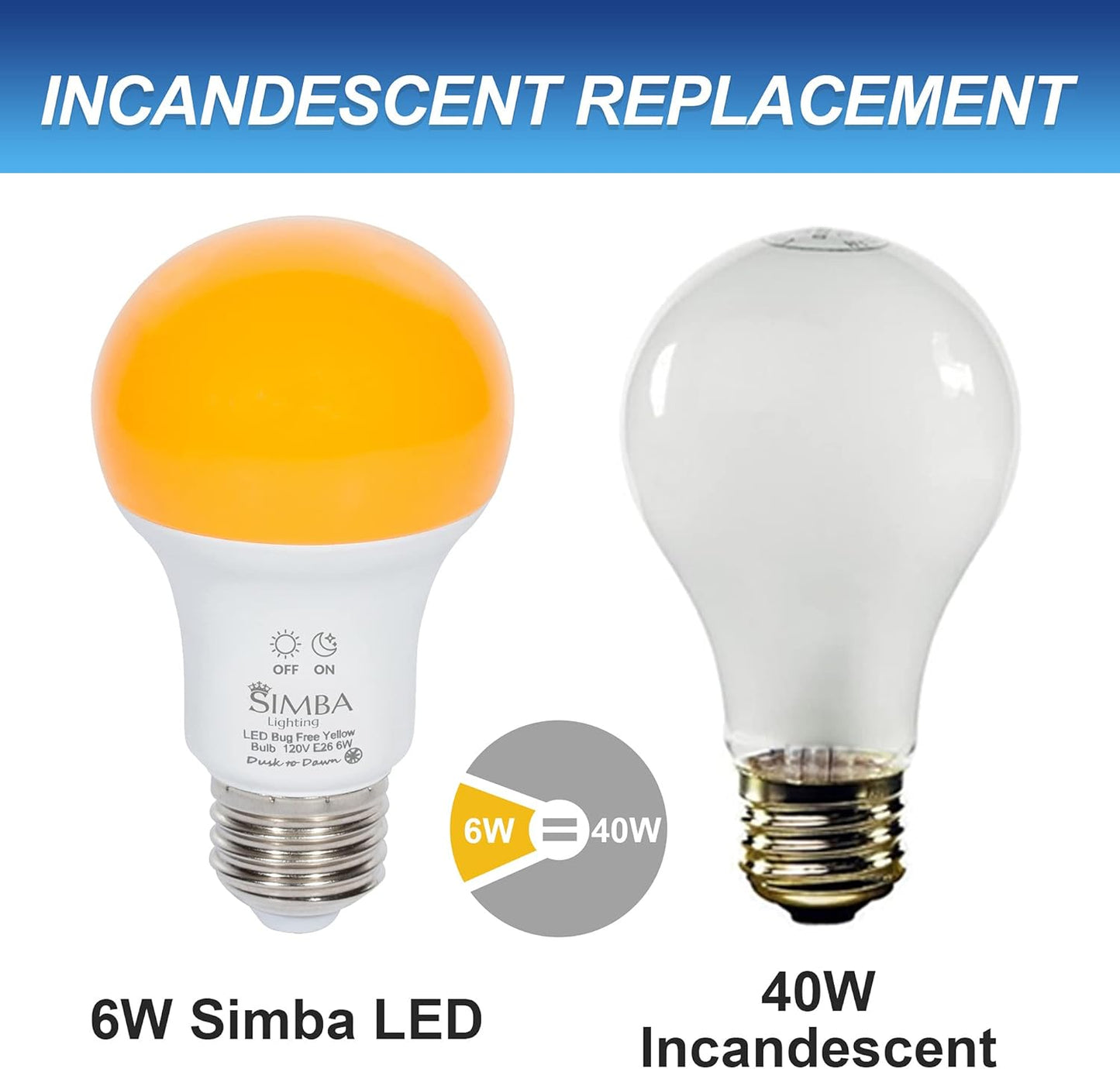 Simba Lighting Bug Non-Attracting Yellow LED Bulb 6W 40W Equivalent, Great for Outdoor Porch Light, Night Light, Dusk-to-Dawn Smart Sensor Auto On/Off, Amber Warm Light, A19 E26 Medium Base, Pack of 2