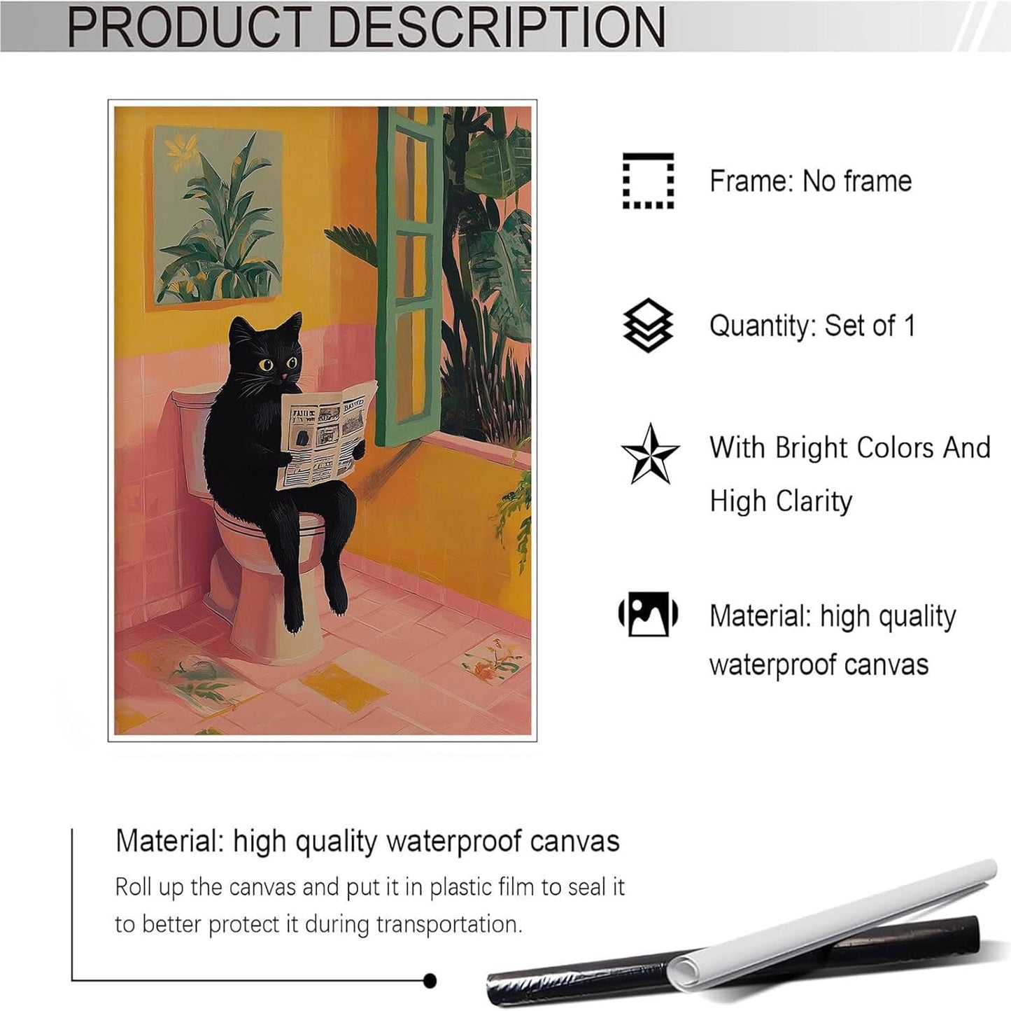 Vintage Funny Black Cat Reading Newspaper Posters Cute Animal Sitting On Toilet Canvas Wall Art Pink Yellow Bathroom Botanical Prints Painting For Home Bedroom Dorm Wall Decor 8x12in Unframed