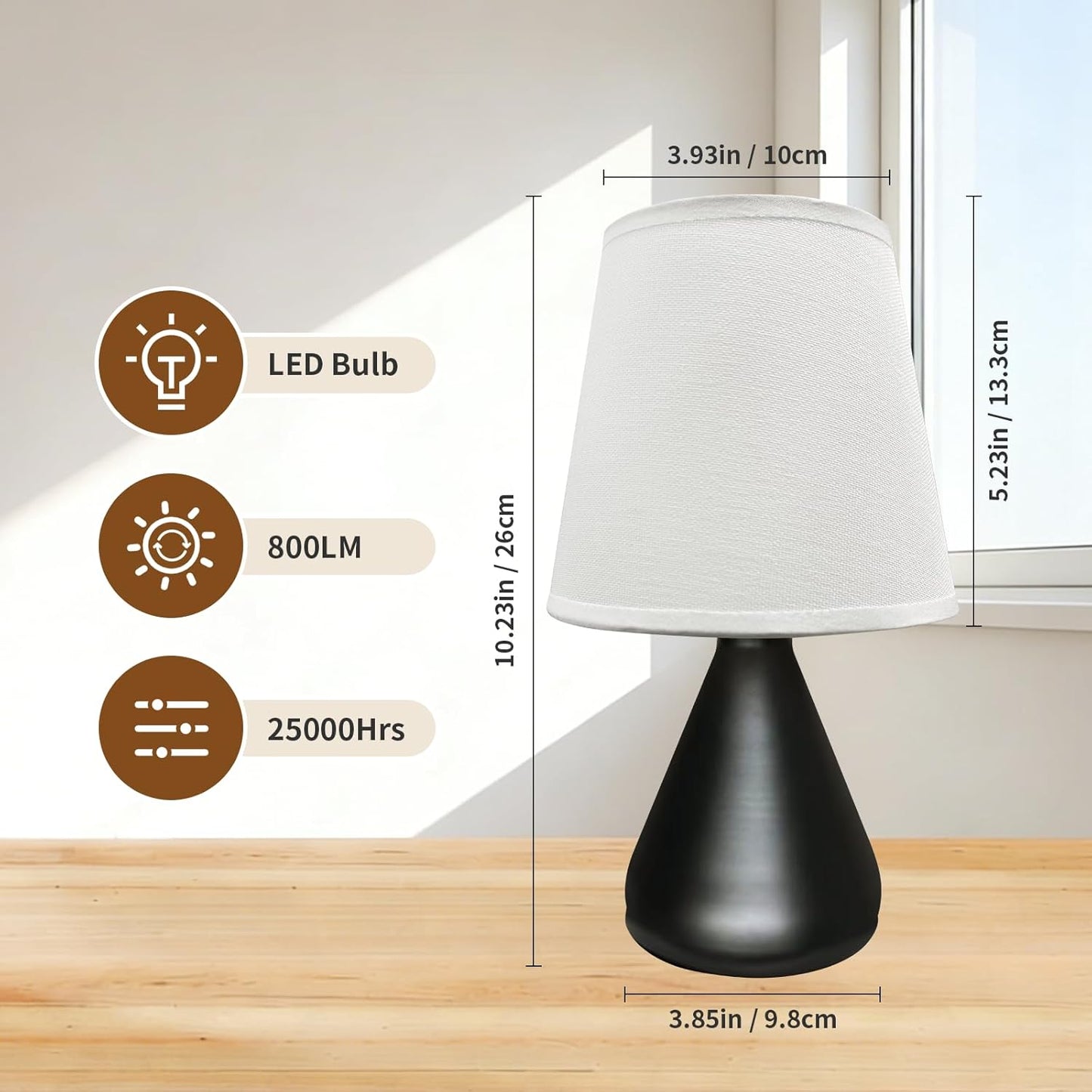Hyphenx USB Powered Farmhouse Bedside Lamp 10 dimming Steps 3 Color Modes for Bedroom, Nightstand Table Lamp with Fabric Shade, Desk Lamp for Kids Reading and Home Office （Black）