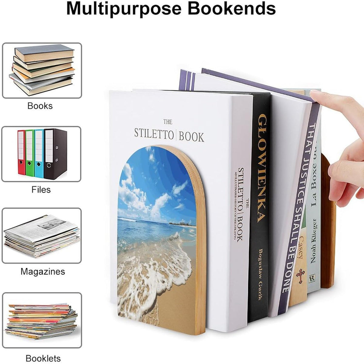 Sea and Beach Wooden Bookend Non-Slip Book Ends Heavy Duty Book Stopper with Metal Base Books Holderd Decorative Bookends Stands Firmly for Office Supplies