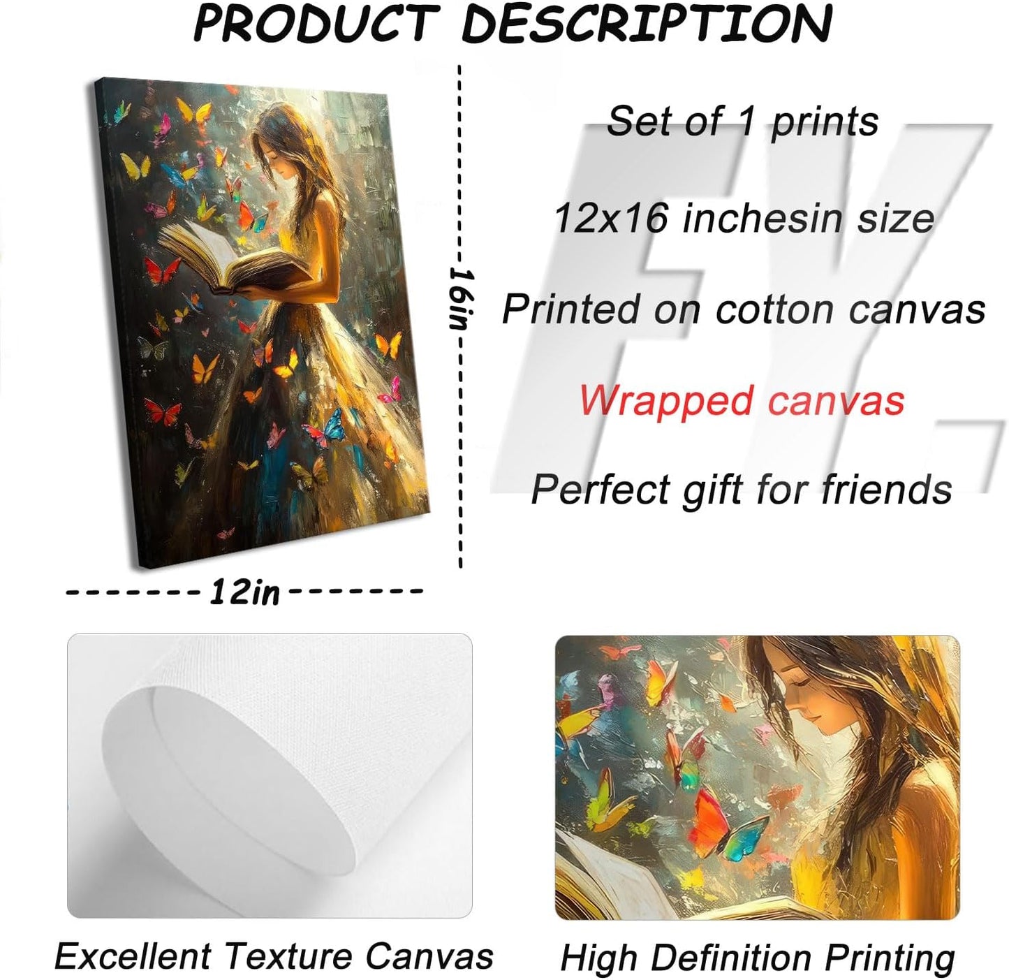 Reading Girl Canvas Wall Art Colorful Butterfly and Victorian Girls Wall DecorGirls Room Poster Print Vintage Book Artwork Painting Pictures for Reading Room Living Room Bedroom Ready to Hang