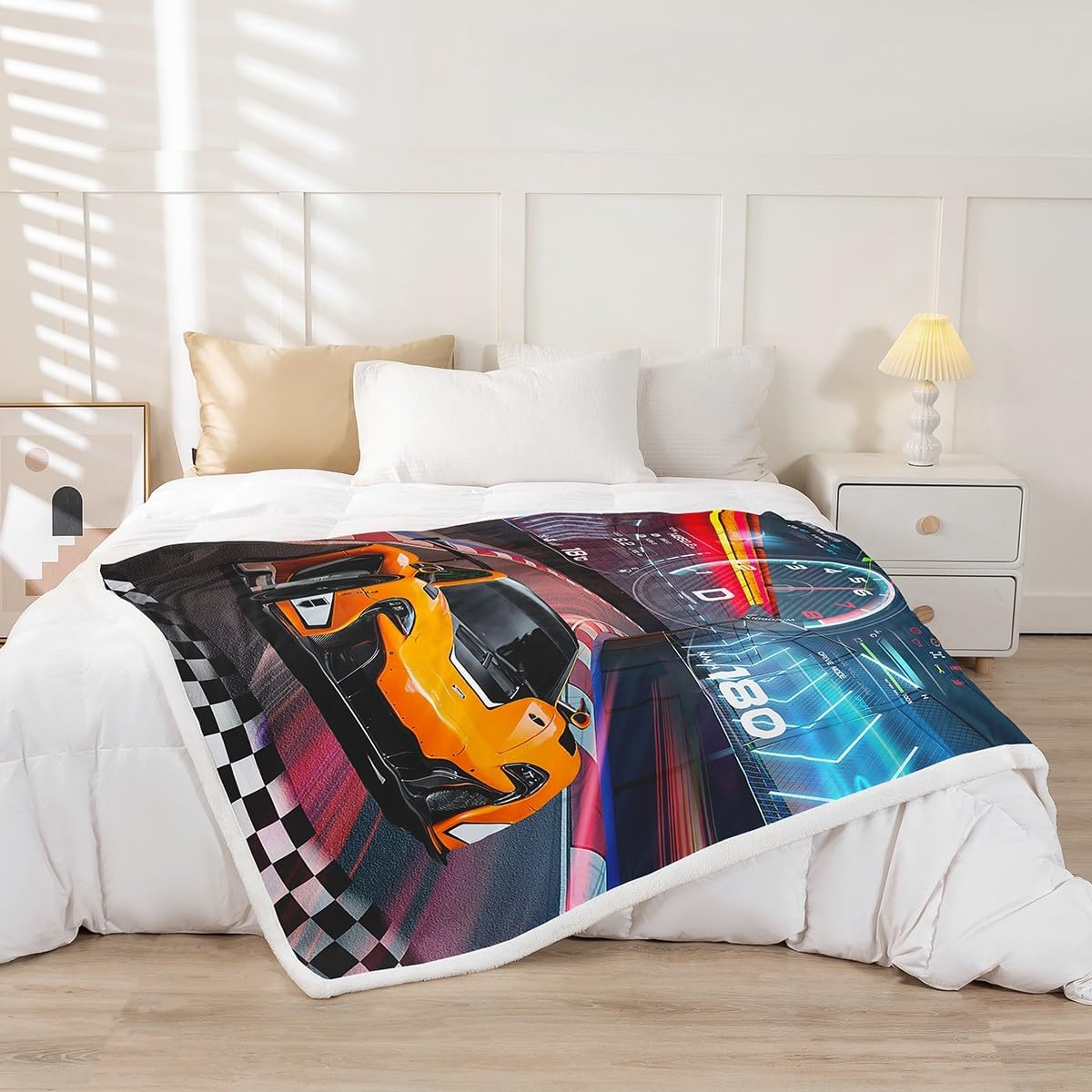 Feelyou Race Car Fleece Throw Blanket for Boys - Extreme Sports Sherpa Plush for Kids - Cool Fuzzy Blanket for Sofa, Bed, Couch - Queen Size 90x90 Inches