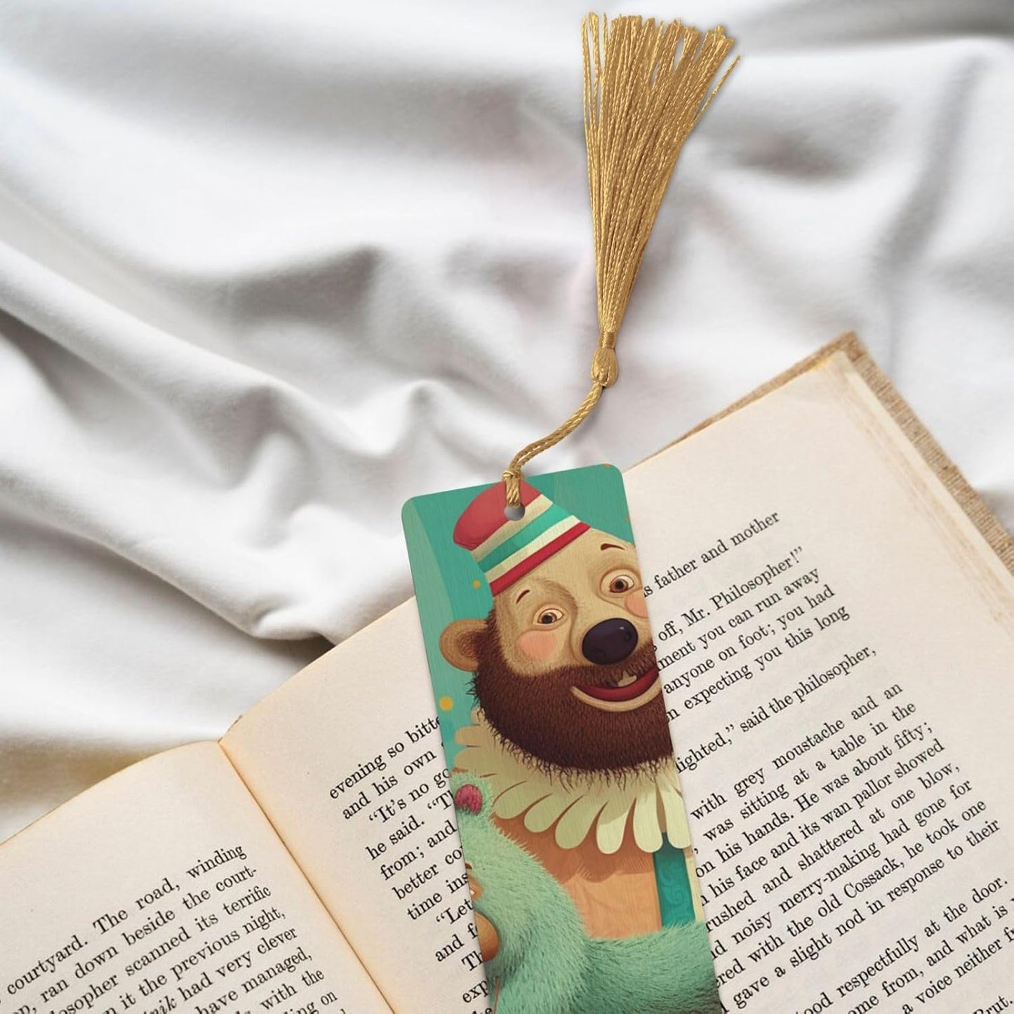 Clown and Bear Bookmarks Gifts for Women Men, Wooden Bookmarks for Book Lovers, Vintage Book Marks Ornaments with Tassel, Unique Personalized Reading Page Markers Gold