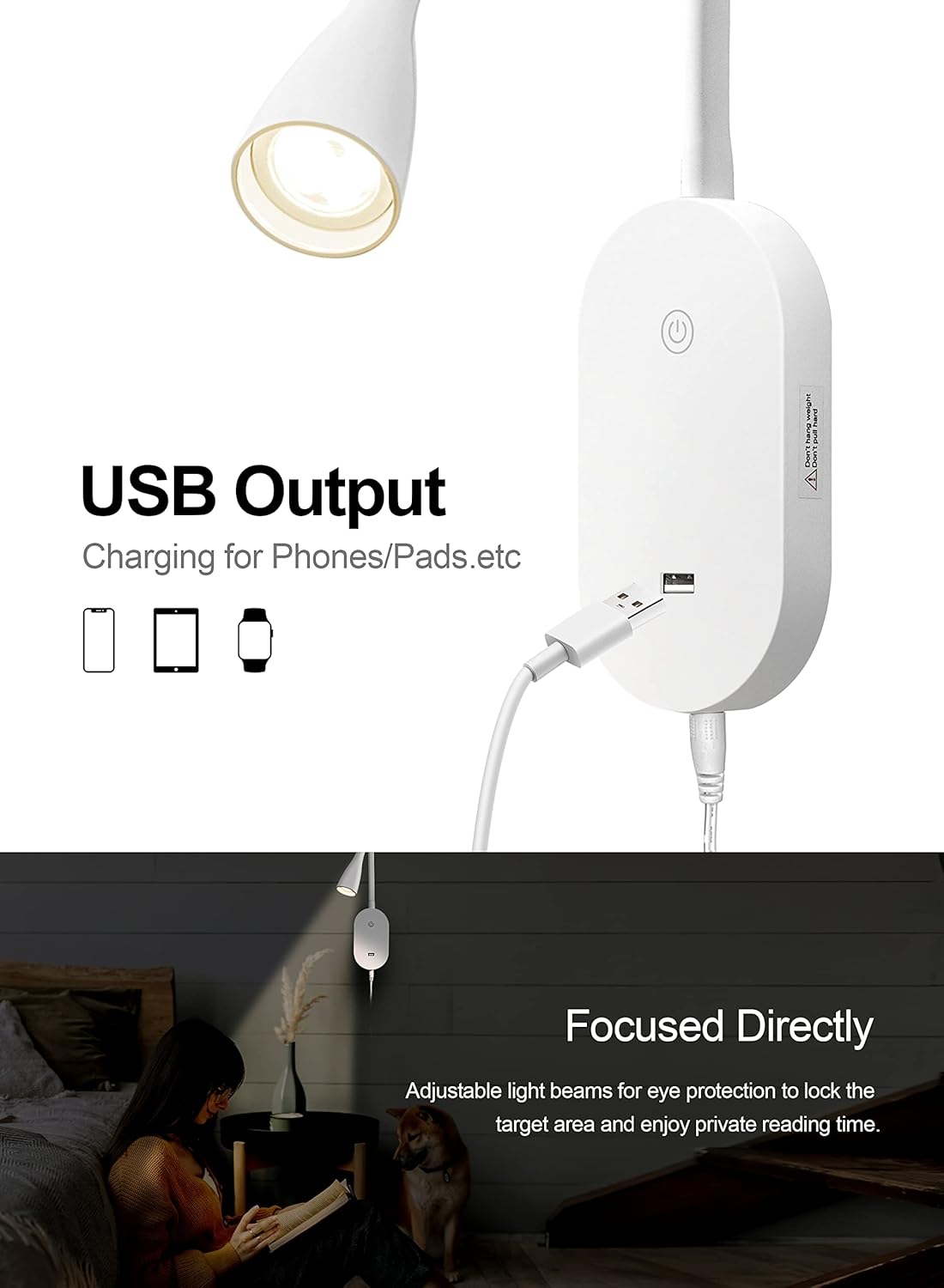 deeloop LED Wall Mount Reading Light for Bed, Reading Lamp with USB Output 5 Brightness Levels Touch Control Book Lights, 4000K Bedside Lamp Flexible Head Rotation, 2 Easy Install Options