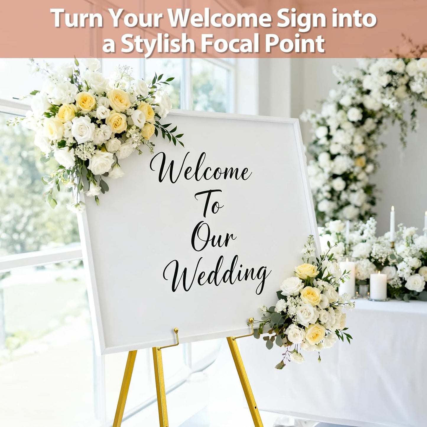Gold Easel Stand for Sign, Heavy Duty Metal Adjustable Display Stand with 4 Tier, 44'' Height Large Floor Standing Easel for Painting, Poster, Mirror, Art, Welcome Wedding Signs