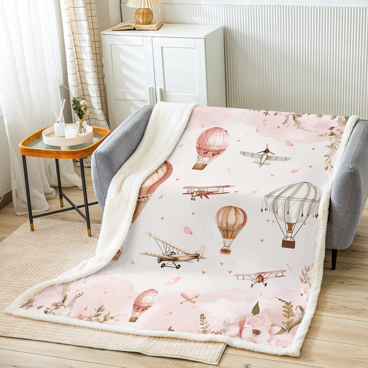 Cartoon Airplane Kids Throw Blanket,Cute Aircraft Hot Air Balloon Bed Blanket for Girls Women,Peony Flowers Love Heart Romantic Fleece Blanket,Pink Fuzzy Blanket,40 x 50 Inches