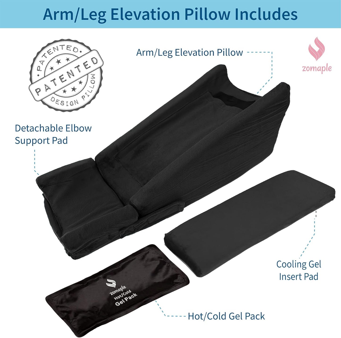 Zomaple Arm Elevation Pillow, Black – Reduce Swelling & Pain with Elbow Support – Adjustable, Gel-Infused Foam, Hot/Cold Gel Pack & Washable Cover – Arm Support Pillow for Post-Surgery Recovery