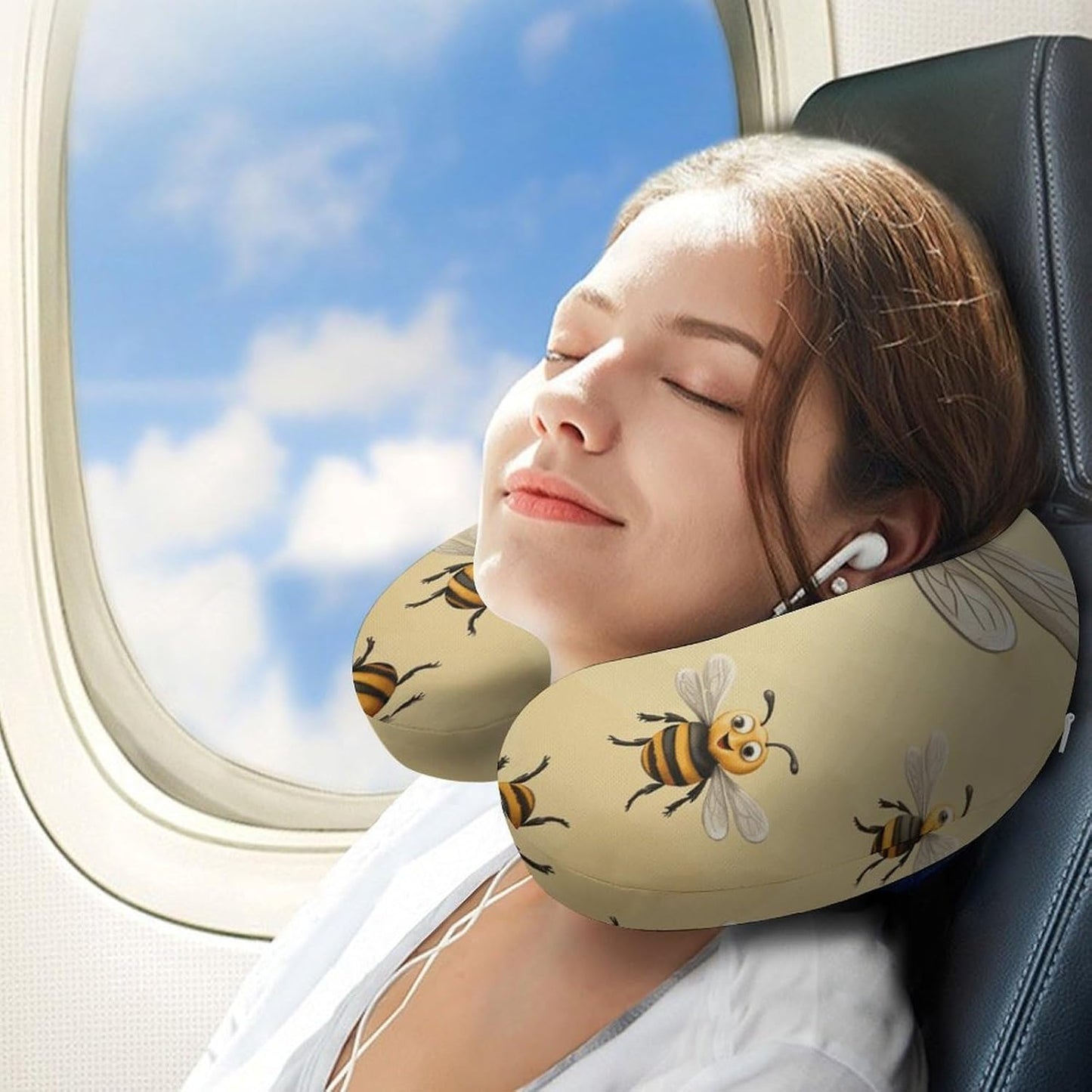 Honey Bee Neck Pillow Memory Foam U Shaped Pillows Portable Pillows for Shoulder Travel Head Support Pillow with Concealed Zipper for Airplane Car Home Office