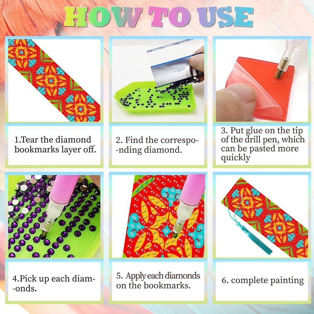 6Pcs Geometric 5D Diamond Art Bookmarks Vintage Floral Diamond DIY Painting Bookmarks Rhinestones Beaded Acrylic Tassel Bookmark for Adult Beginner Crafts