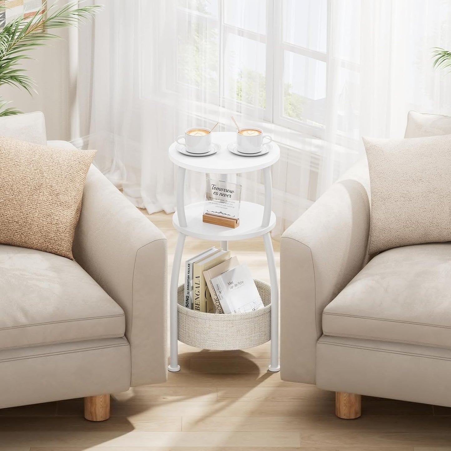 Small Round Side Table for Living Room with Storage Basket –Small Space Saving End Table 3-Tier Nightstand Couch Corner Stand Bedroom, Garden and More 24in Tall Matte White