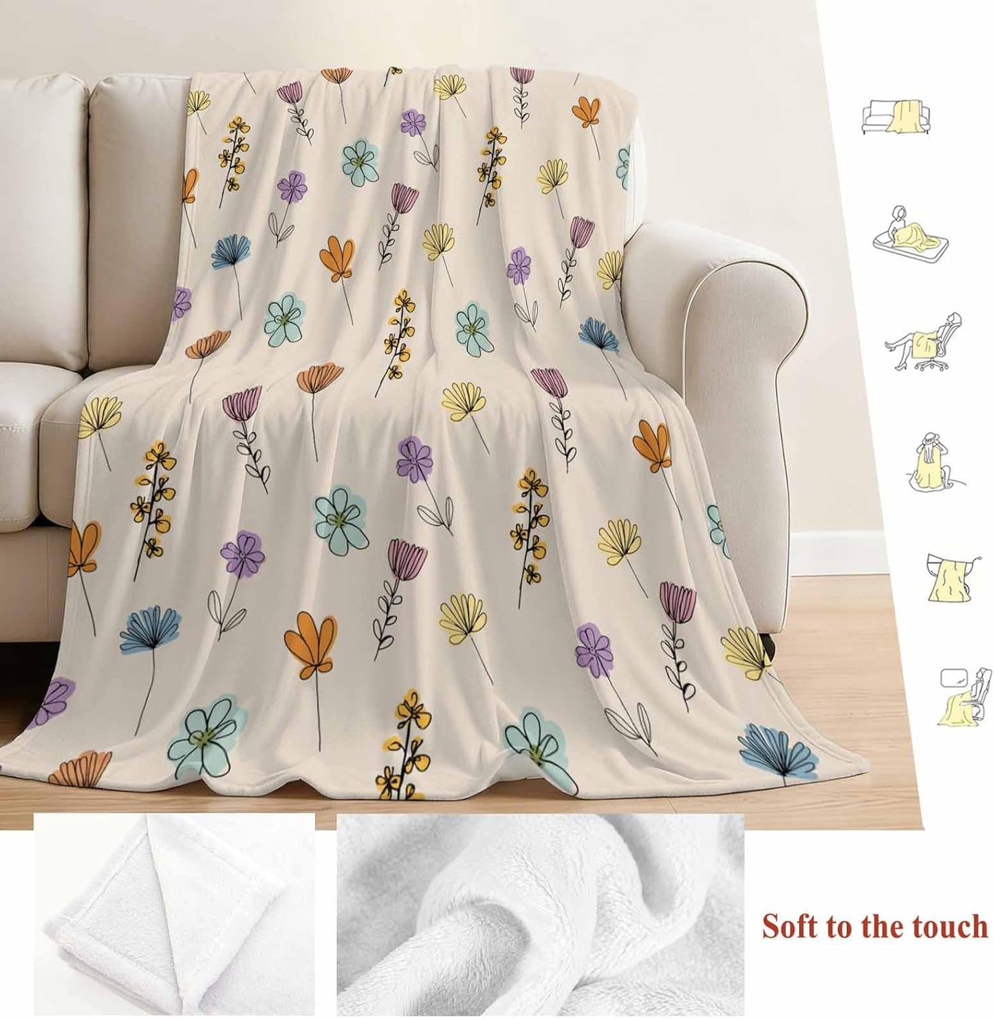 Spring Plant Throw Flannel Blanket 40x50In, Yellow Pink Purple Flower Farm Floral Beige Super Soft Cozy Bed Blanket, Lightweight Plush Fuzzy Bed Throw for Bedroom Sofa Couch Living Room
