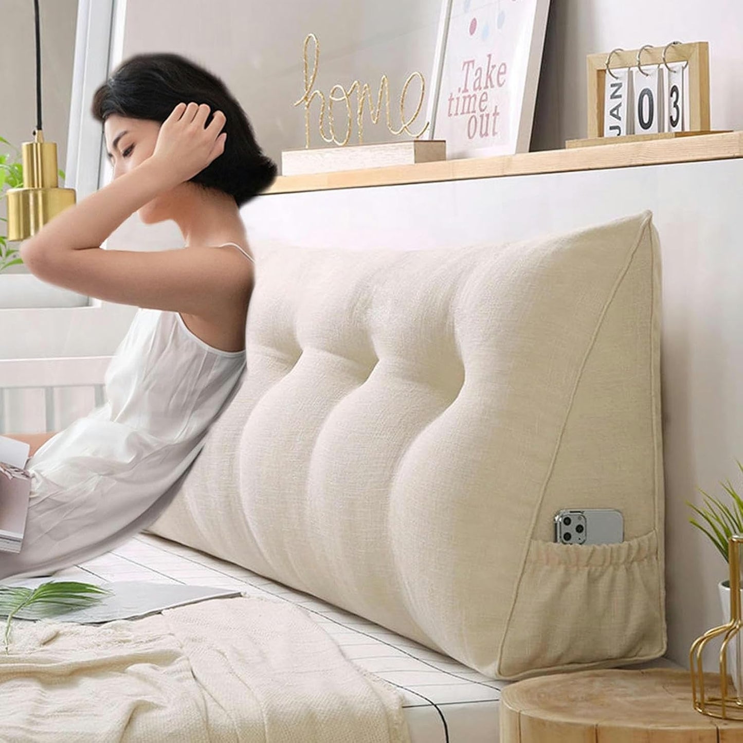 Large Triangular Headboard Pillow Wedge Reading Bed Rest Pillow Linen Cotton Bolster for Daybed Backrest Positioning Support Cushion with Removable Cover