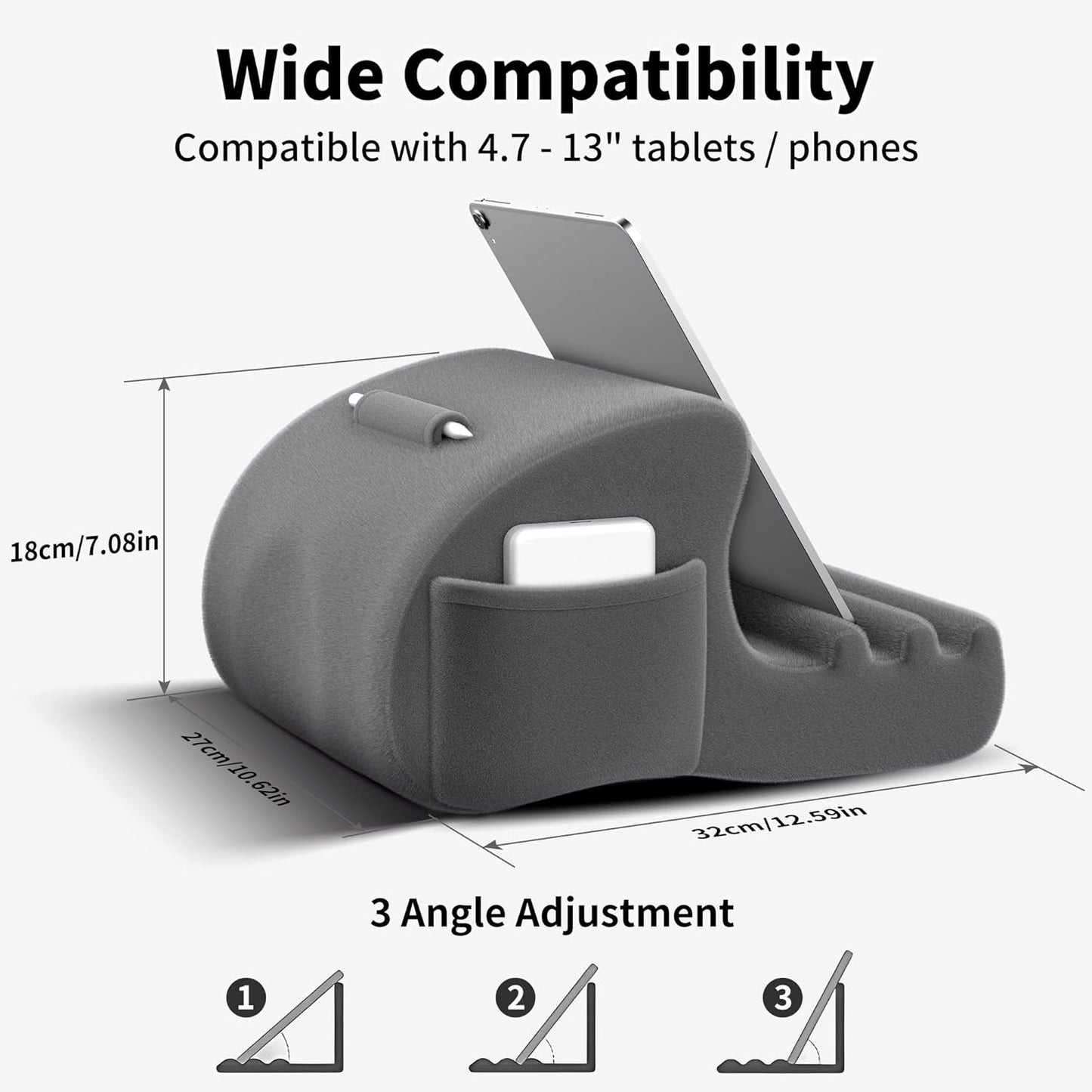 CreaDream Tablet Pillow Stand, Tablet Holder for Bed, Lap with 3 Viewing Angles, Pocket, Stylus Mount, Pillow Pad Compatible with 4-13" Tablets, iPad Pro 13 11 Air, Kindle, Galaxy Tab