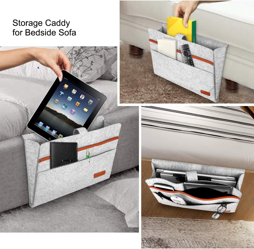 Bed Organiser, Felt Bed Bag, Non-Slip Bedside Bag, Sofa Bed Hanging Storage for Book, Magazines, iPad, Mobile Phone, Remote Control, Light Grey