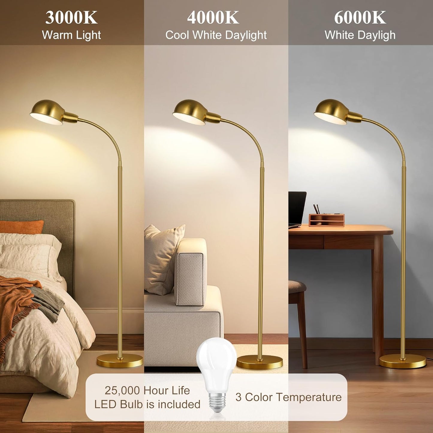 Floor Lamp for Living Room, 63" Standing Lamp with Adjustable Gooseneck, 3 Color Temperatures, Industrial Gold Floor Lamp Reading for Bedroom, Office, 9W LED Bulb