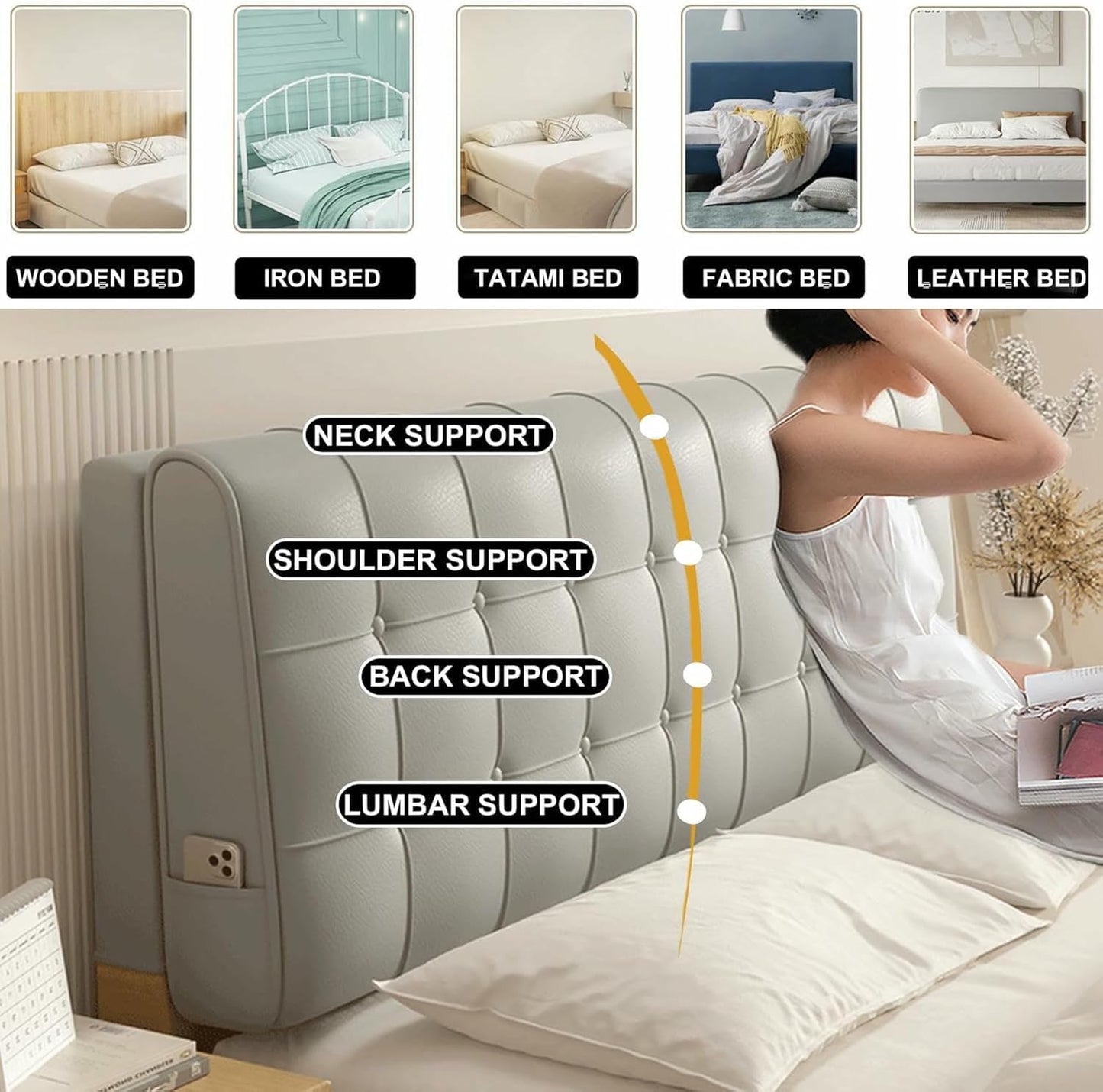 Bed Backrest Faux Leather Headboard Cushion Rectangle Reading Pillow Large Support Bolster Bedside Cushion for Daybed Bed Bunk Bed Removable Upholstered,Khaki,Straps/79x23x4In