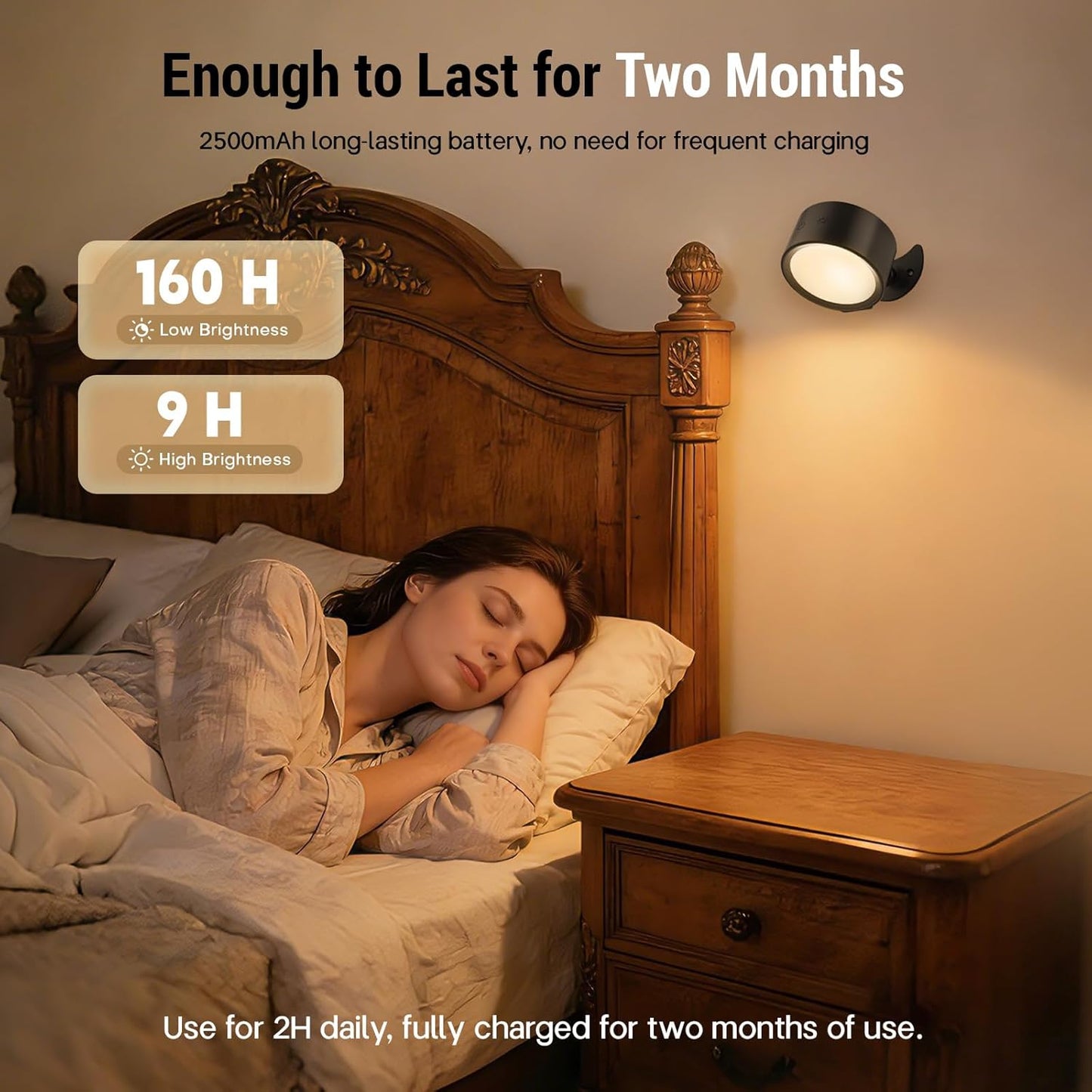 LED Wall Sconces, [160H Battery Operated Lights] Wireless Rechargeable Mounted, 3 Color & 4 Brightness Level & 360°Rotate & Touch or Remote, for Reading Bedroom (Black,Set of 2)