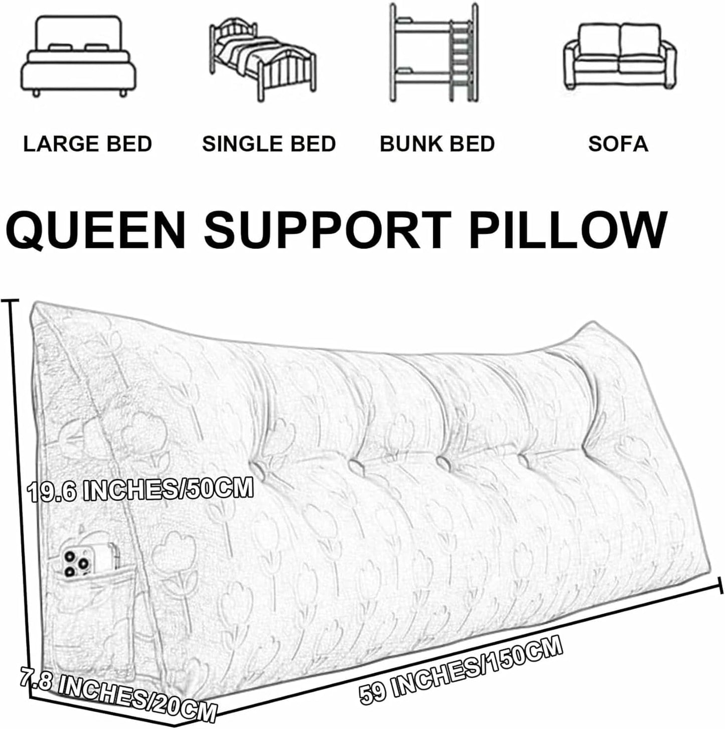 Fleece Wedge Headboard Pillow,Large Backrest Triangular Headboard Reading Pillow,Solid Color Positioning Support Bed Rest Cushion Removable Daybed Bolster Cover~/