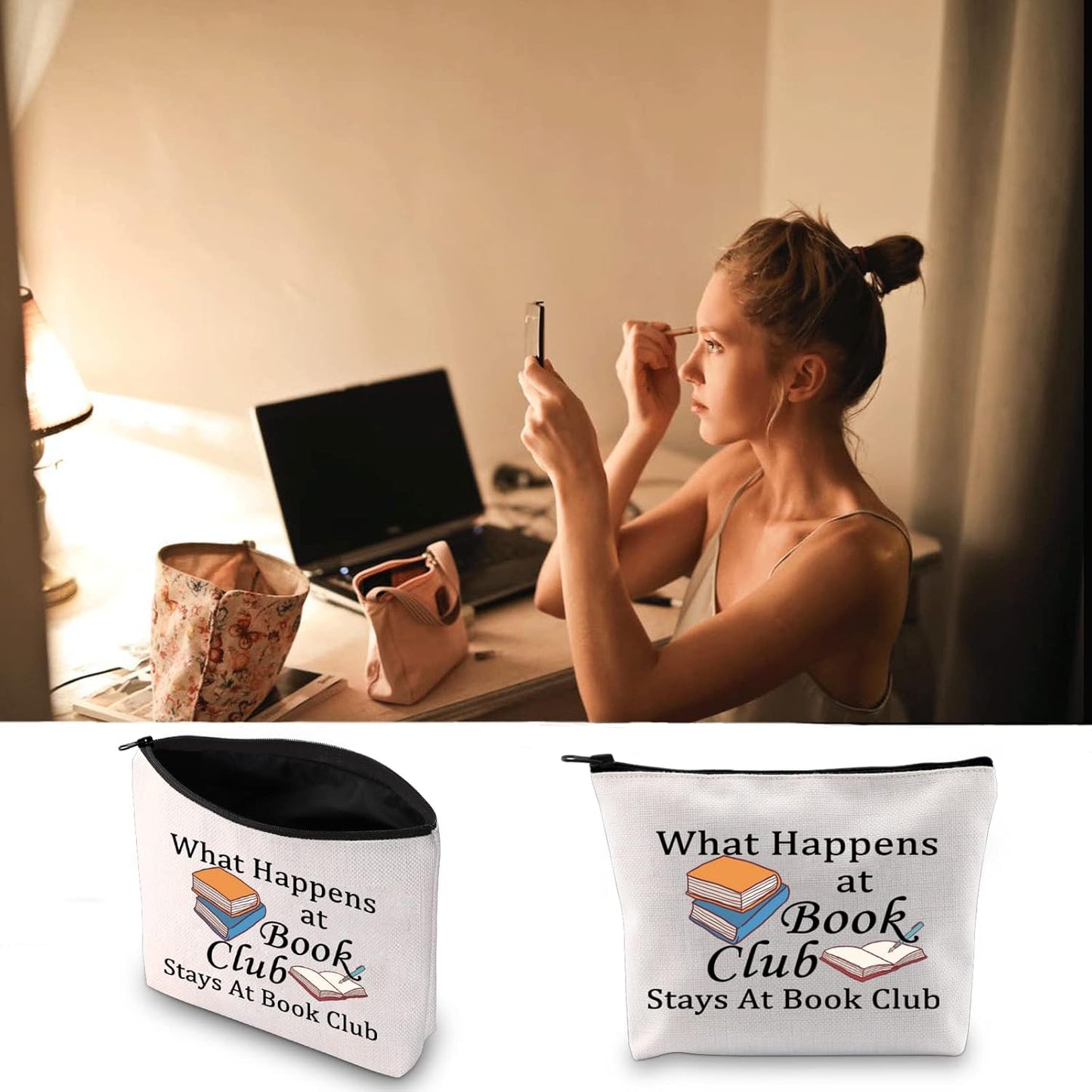 JXGZSO Book Lover Storage Bag What Happens at Book Club Stays At Book Club Zipper Pouch Gifts For Bookworm (What Happens at Book Club)