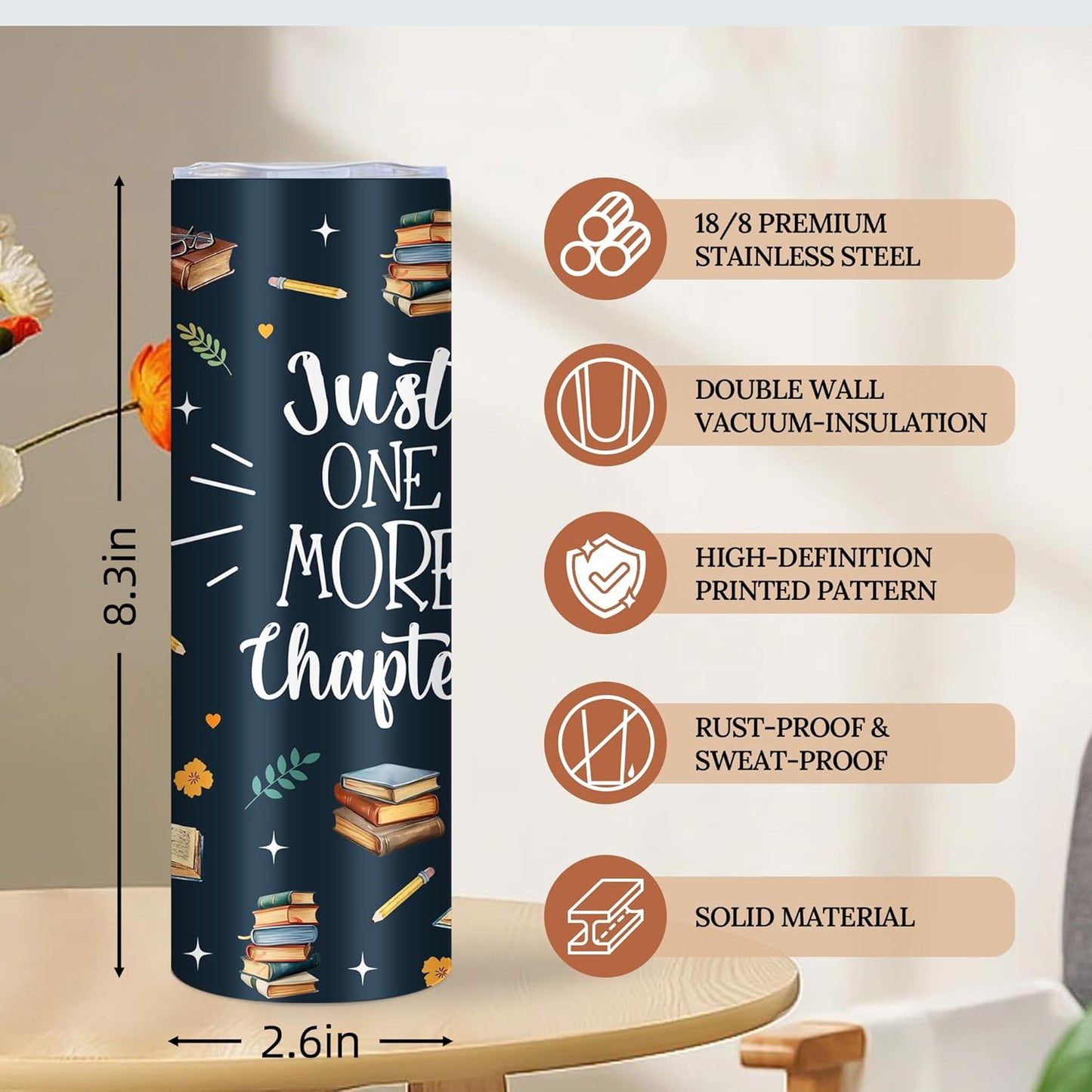 Book Lover Gifts for Women, 20 Oz Just One More Chapter Tumbler, Gifts for Readers Bookworm Librarian Nerd, Bookish Gift for Thanksgiving Christmas, Chapter Skinny Tumbler with Straw, 1 PCS