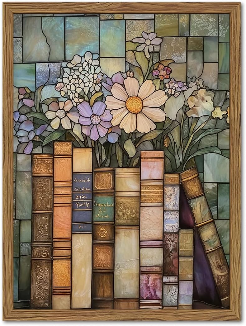 YYNISPIN Vintage Book Wildflower Wall Art Moody Stained Glass Book Lover Wall Decor Painting, Whimsical Reading Nook Library Poster Canvas Prints for Cottage Bedroom Living Room 12x16 inch Frame