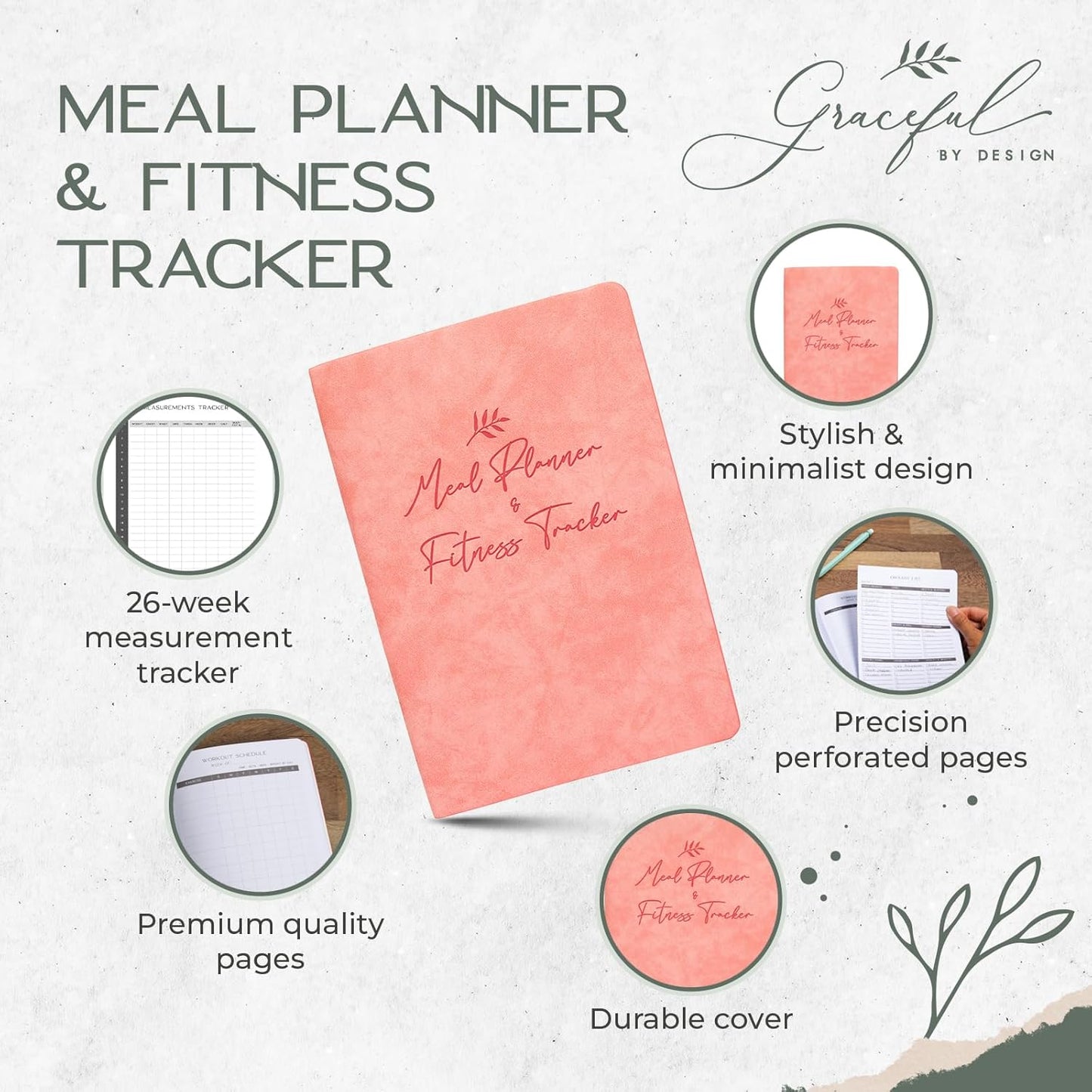 Graceful by Design Meal Planner and Fitness Tracker - Plan Workouts in our Fitness Journal for Women - Track Macros in our Food Journal for Women Weight Loss - Tear and Track with Perforated Pages