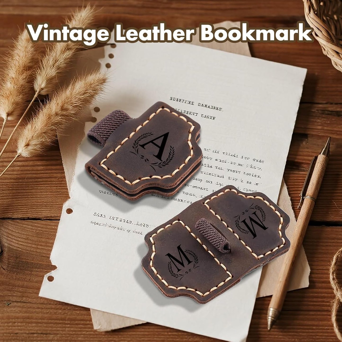 Custom Bygone Mark Bookmark with Pen Holder, 26 Letters Name Initial Personalized Magnetic Leather Bookmark, Gifts for Book Lovers, Readers, Travelers, Leather Book Marks (Blackish Green, A)