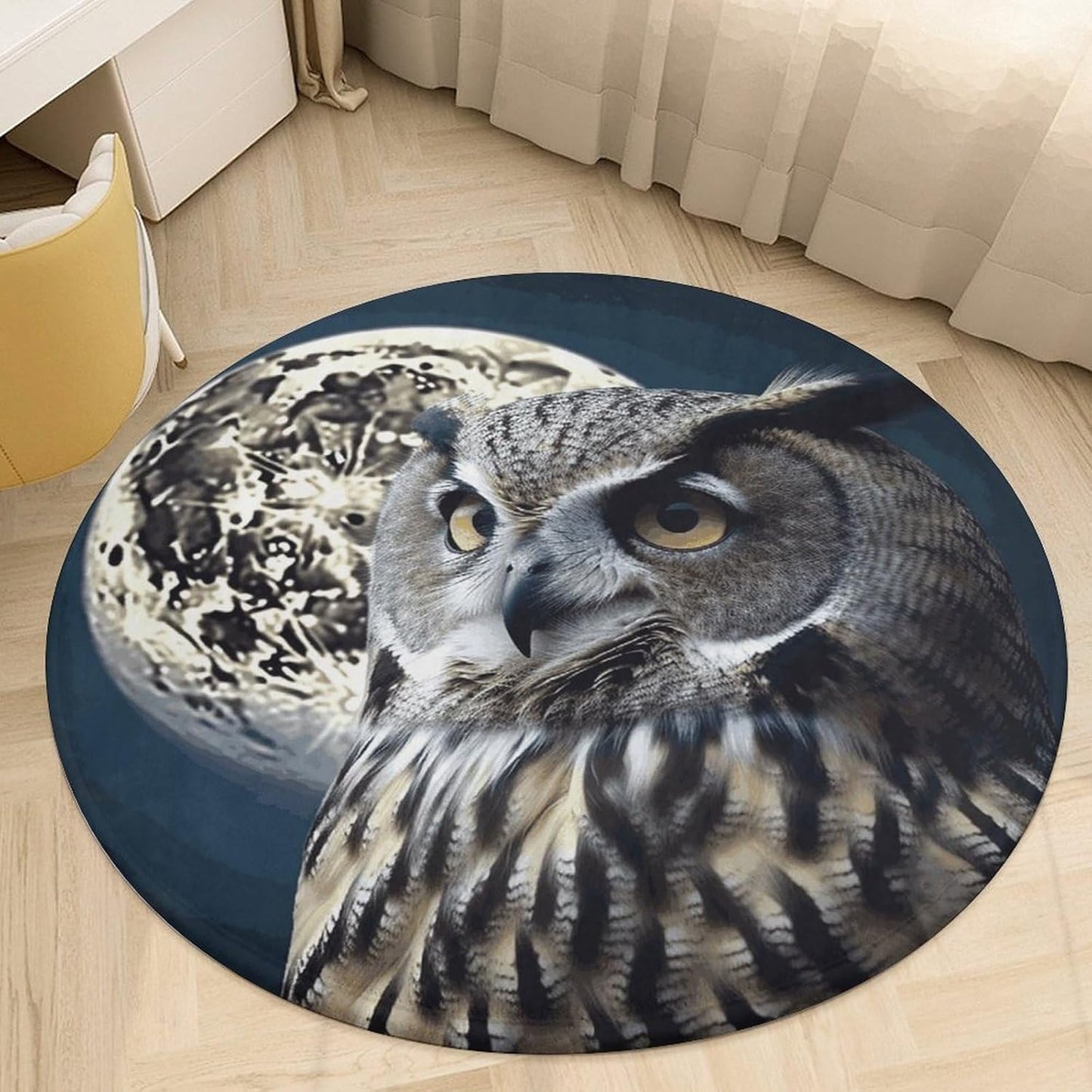 Owl and Moon Circle Rug Retro Luxury Coral Velvet Floor Mat Non Slip Soft Indoor Floor Carpet Comfy Thickened Area Rugs Modern Aesthetic Minimalist Carpets for Home Decor
