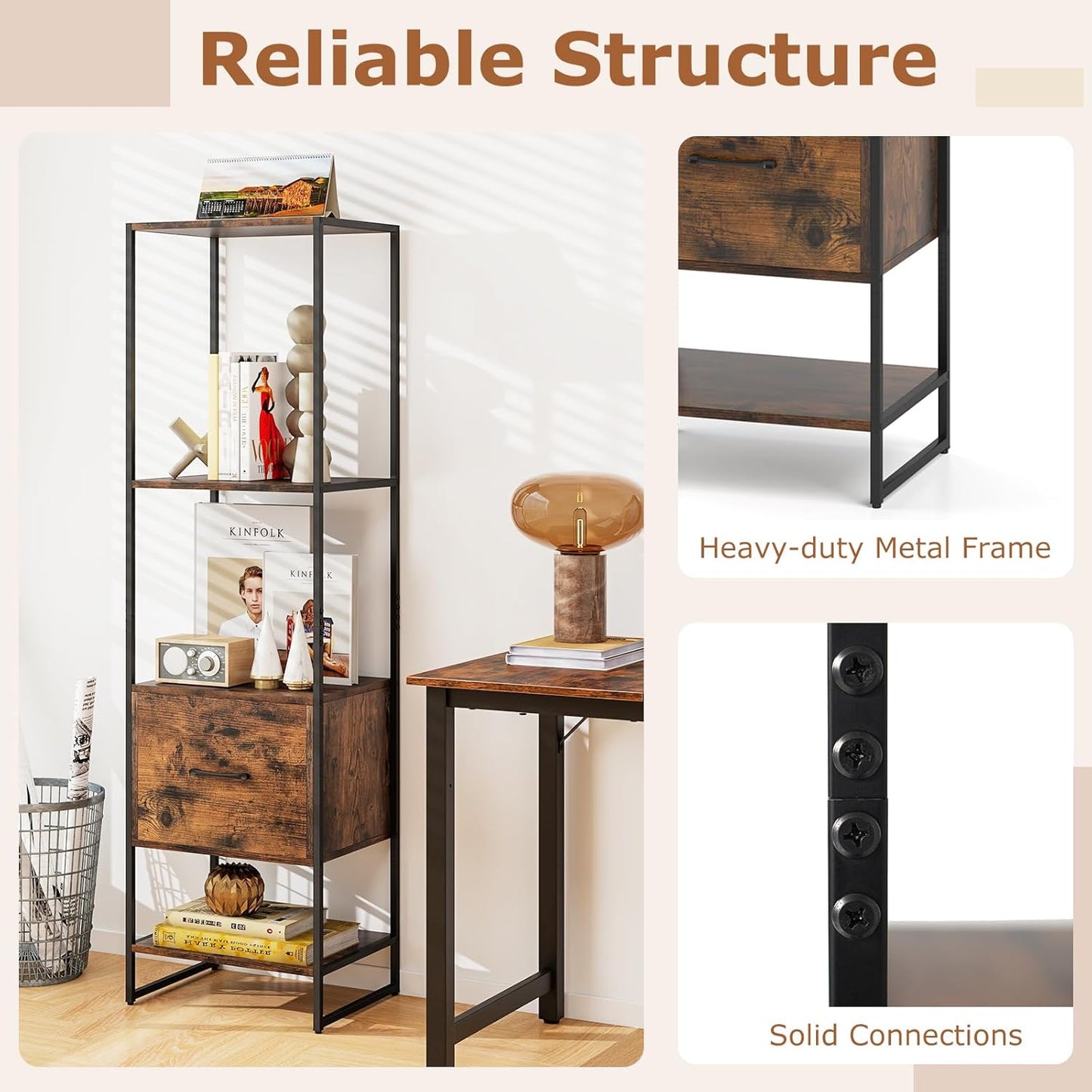 Tangkula 4-Tier Bookshelf with Drawer, 62.5” Tall Narrow Bookcase with Metal Frame & Anti-tip Kits, 4 Open Shelves & Pull-Out Drawer, Modern Slim Display Storage Rack for Living Room Study (1, Brown)