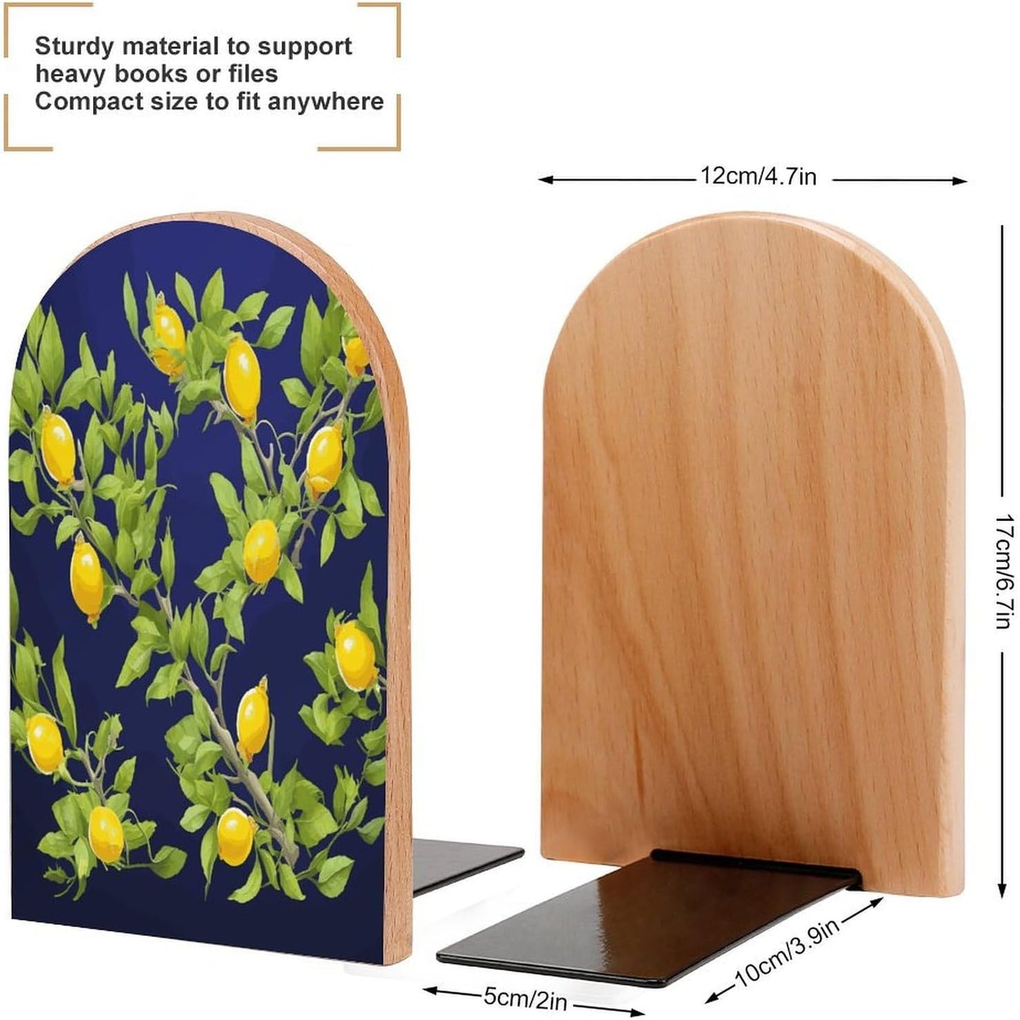 Lemon Tree Bookend for Shelves Wooden Book End Large Size Sturdy Book Holders Stoppers with Metal Base for Bookshelves Slick Decorative Bookends Stands
