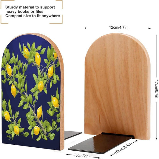 Lemon Tree Bookend for Shelves Wooden Book End Large Size Sturdy Book Holders Stoppers with Metal Base for Bookshelves Slick Decorative Bookends Stands