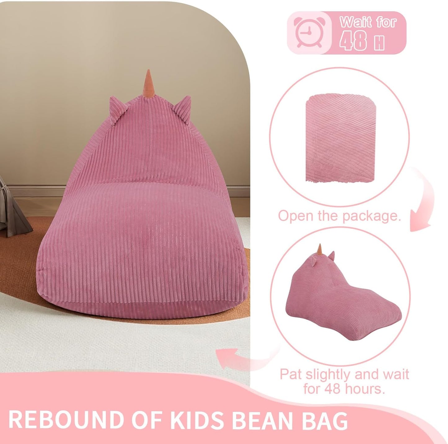 COMAX Bean Bag Chairs for Kids, Unicorn Kid Beanbag Chair with Filler, Toddler Lounge Bean Chair Corduroy, Lazy Floor Lounger for Girls and Boys Stuffed, Pink