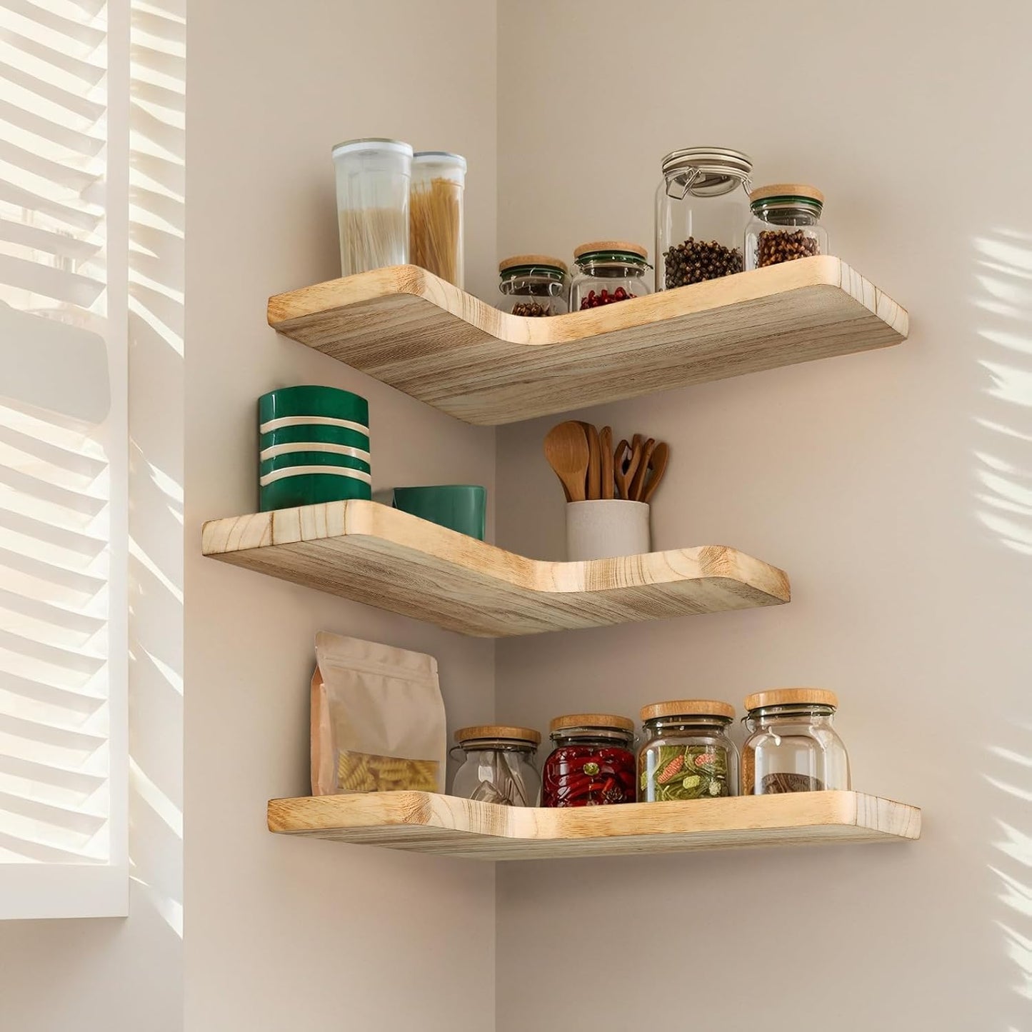 Floating Corner Shelves — Set of 3, Solid Wood, Light Burnt Finish